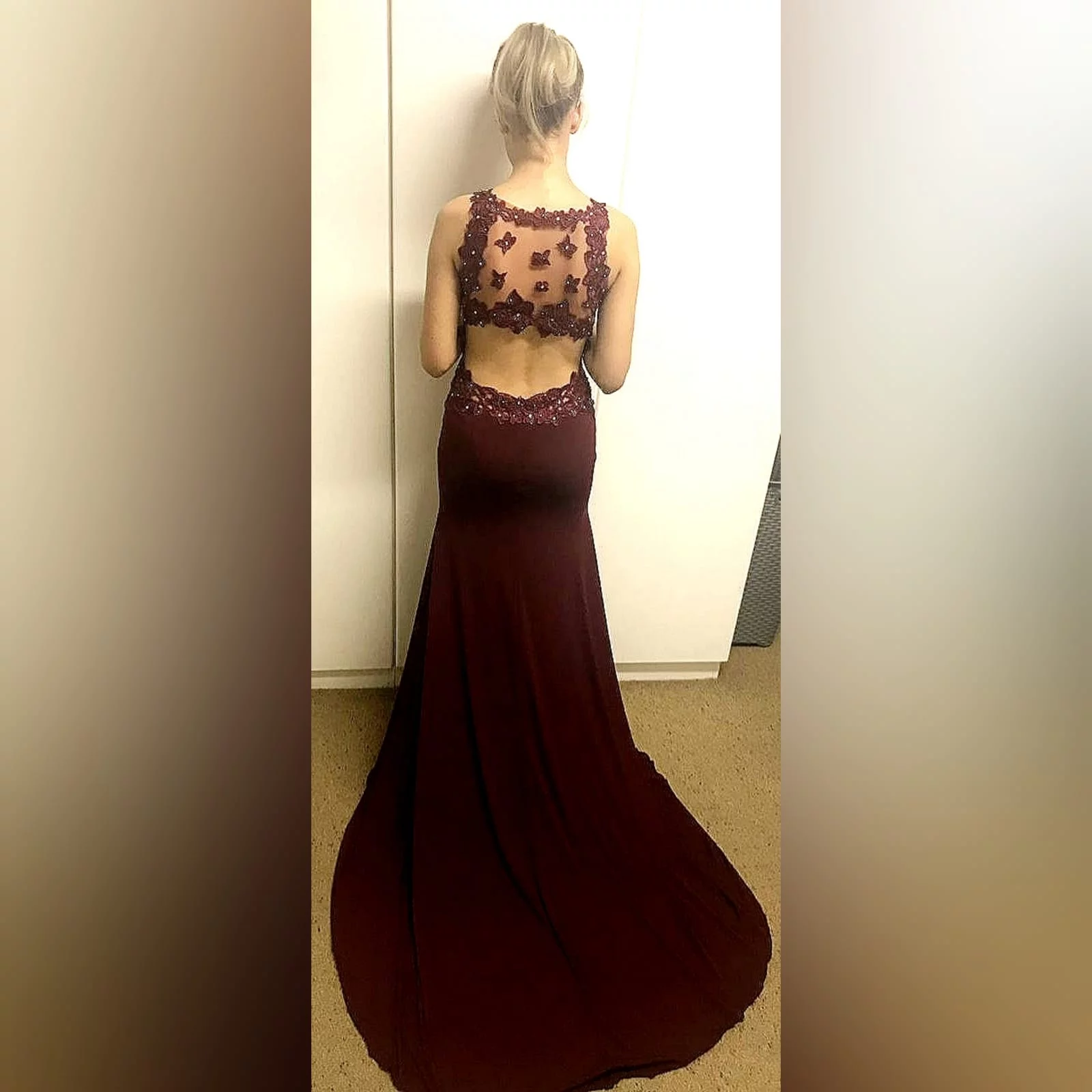 Burgundy long sexy prom dress 11 burgundy long sexy prom dress with an illusion lace low back and side tummy. Sweetheart neckline detailed with lace. With a slit and a train.