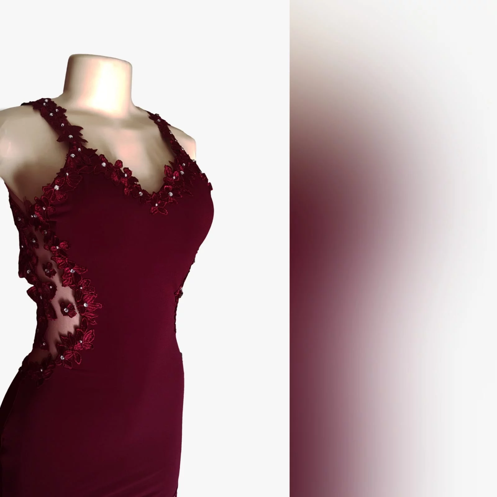 Burgundy long sexy prom dress 7 burgundy long sexy prom dress with an illusion lace low back and side tummy. Sweetheart neckline detailed with lace. With a slit and a train.