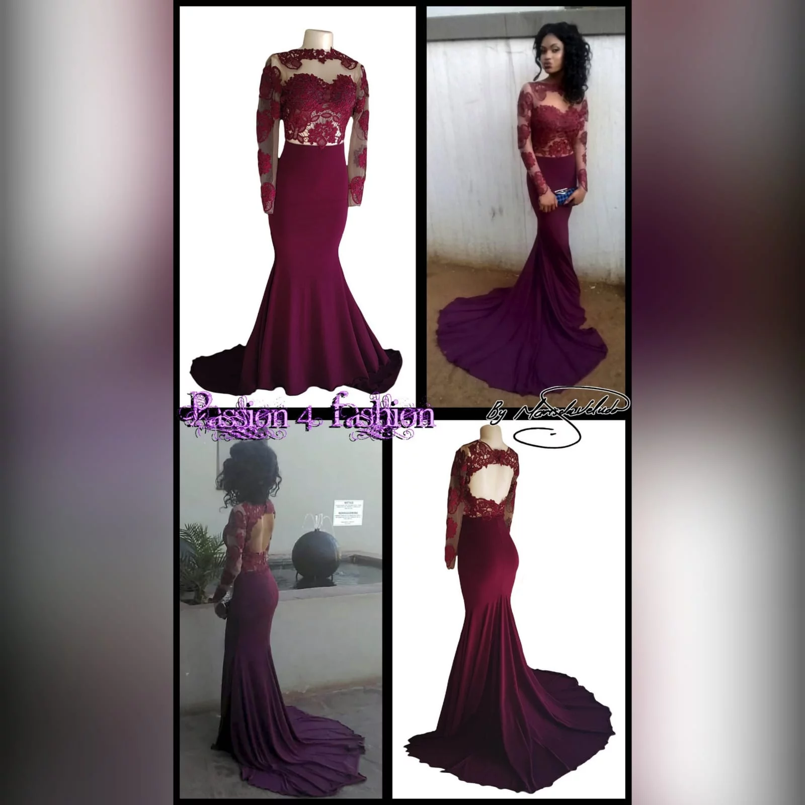 Burgundy soft mermaid illusion lace bodice prom dress 5 burgundy soft mermaid illusion lace bodice prom dress with a rounded open back with lace long sleeves and a train.