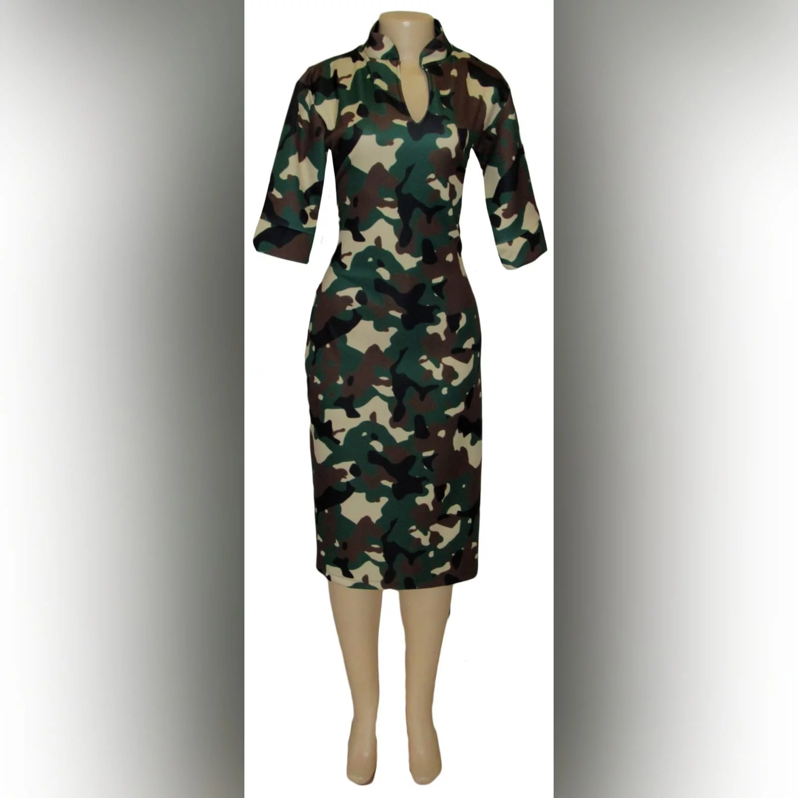 Camo knee length fitted dress 1 camo knee length fitted dress with short sleeves & chinese collar
