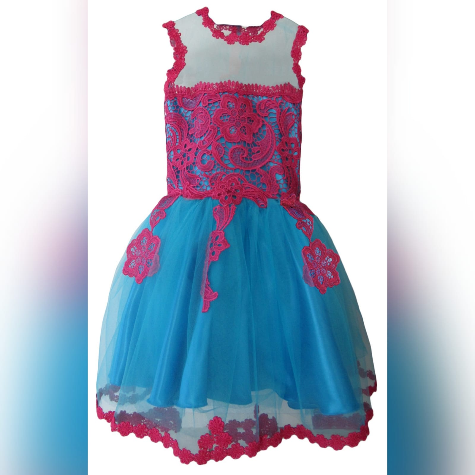 Cerise pink lace and turquoise girls evening dress 6 cerise pink lace and turquoise girls evening dress with a lace bodice. Bottom detailed in lace. Evening wear for a drummies gala evening.