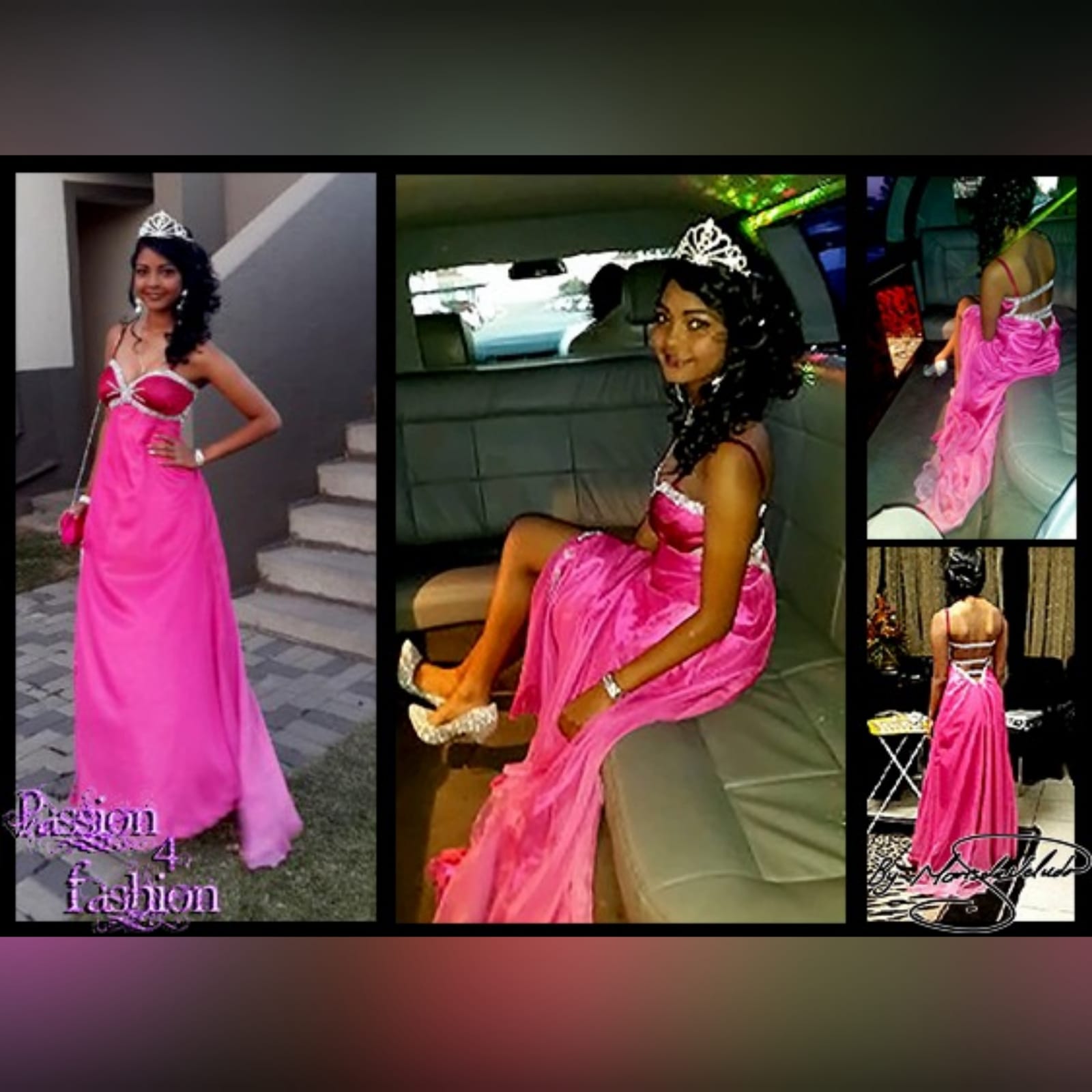 Cerise pink long chiffon evening dress 2 cerise pink long chiffon evening dress for a beauty pageant. Detailed in silver