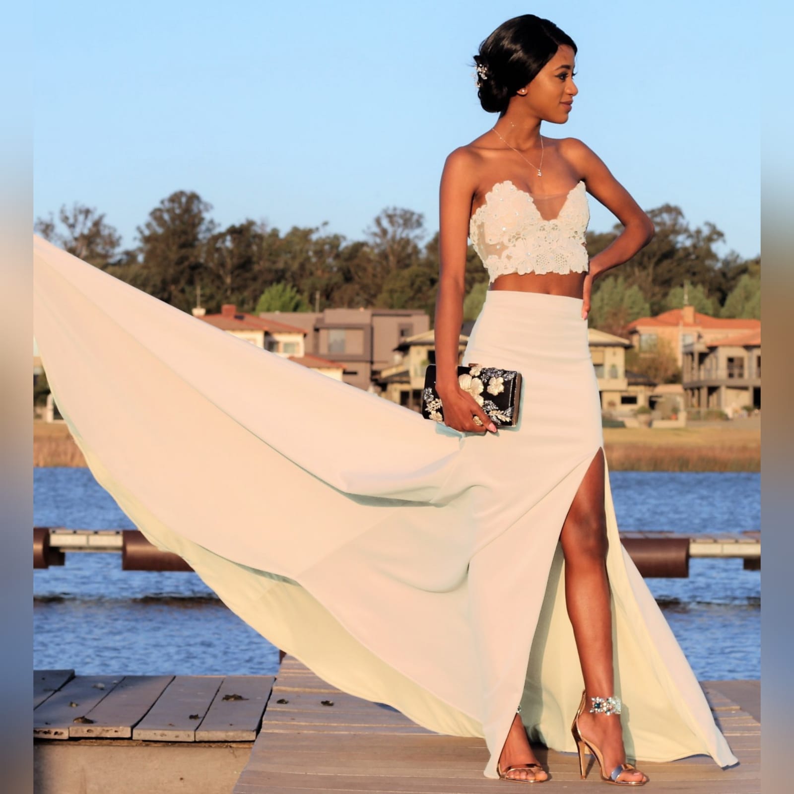 2 Piece Beige Gala Dress With High Slit - Marisela Veludo - Fashion Designer