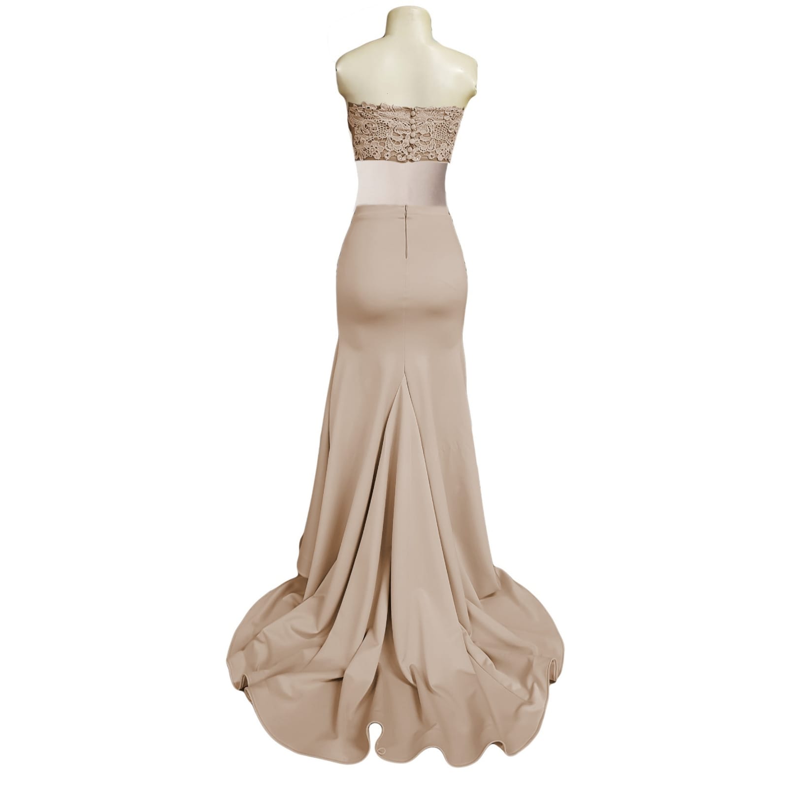 2 piece beige gala dress with high slit 4 2 piece beige gala dress, long skirt with high slit and a long train and waistband. Short lace top with back button detail.