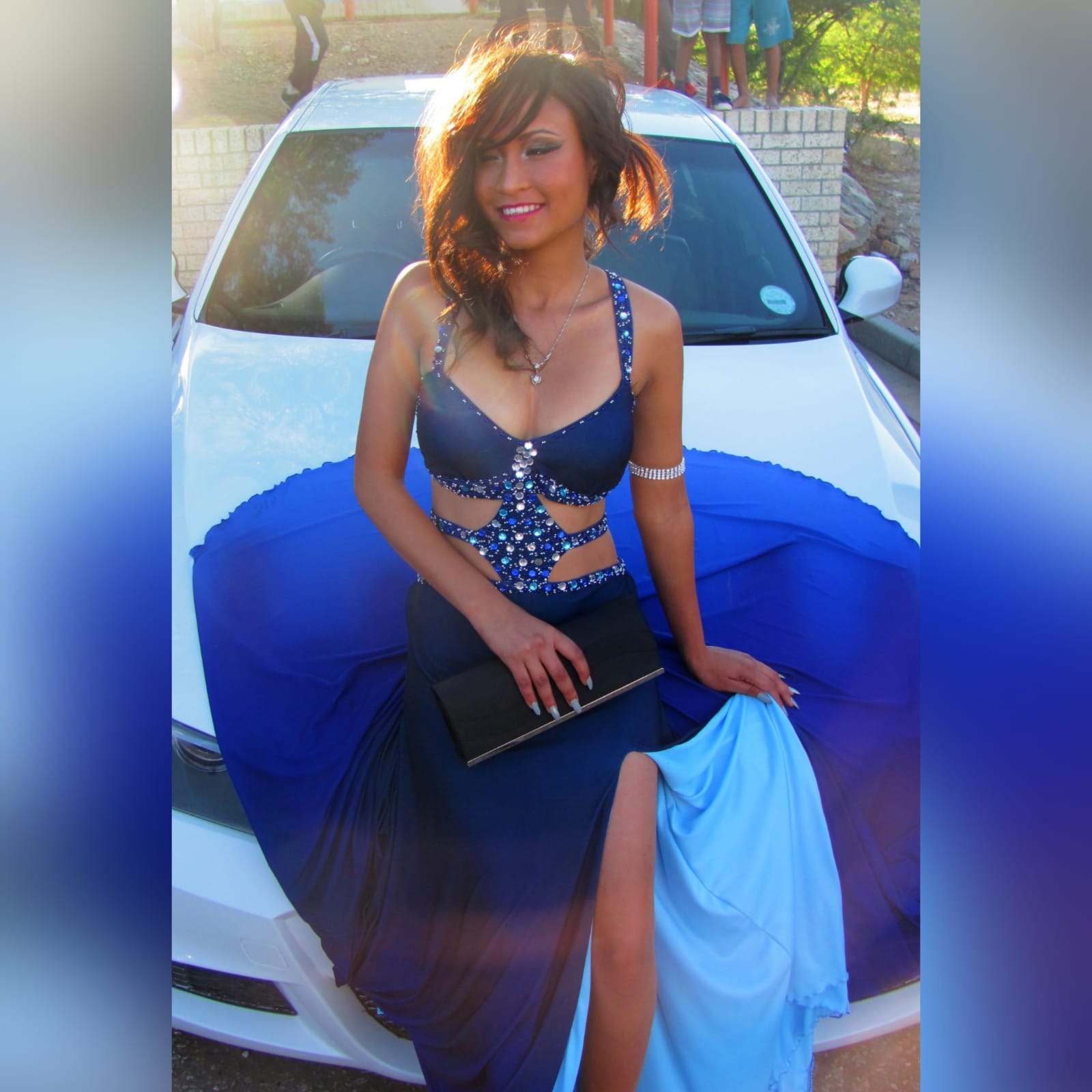 Royal blue and navy blue ombre sexy matric dance dress 3 royal blue and navy blue ombre sexy matric dance dress. With a slit and a train. With tummy and back openings detailed with silver, blue and turquoise beads.