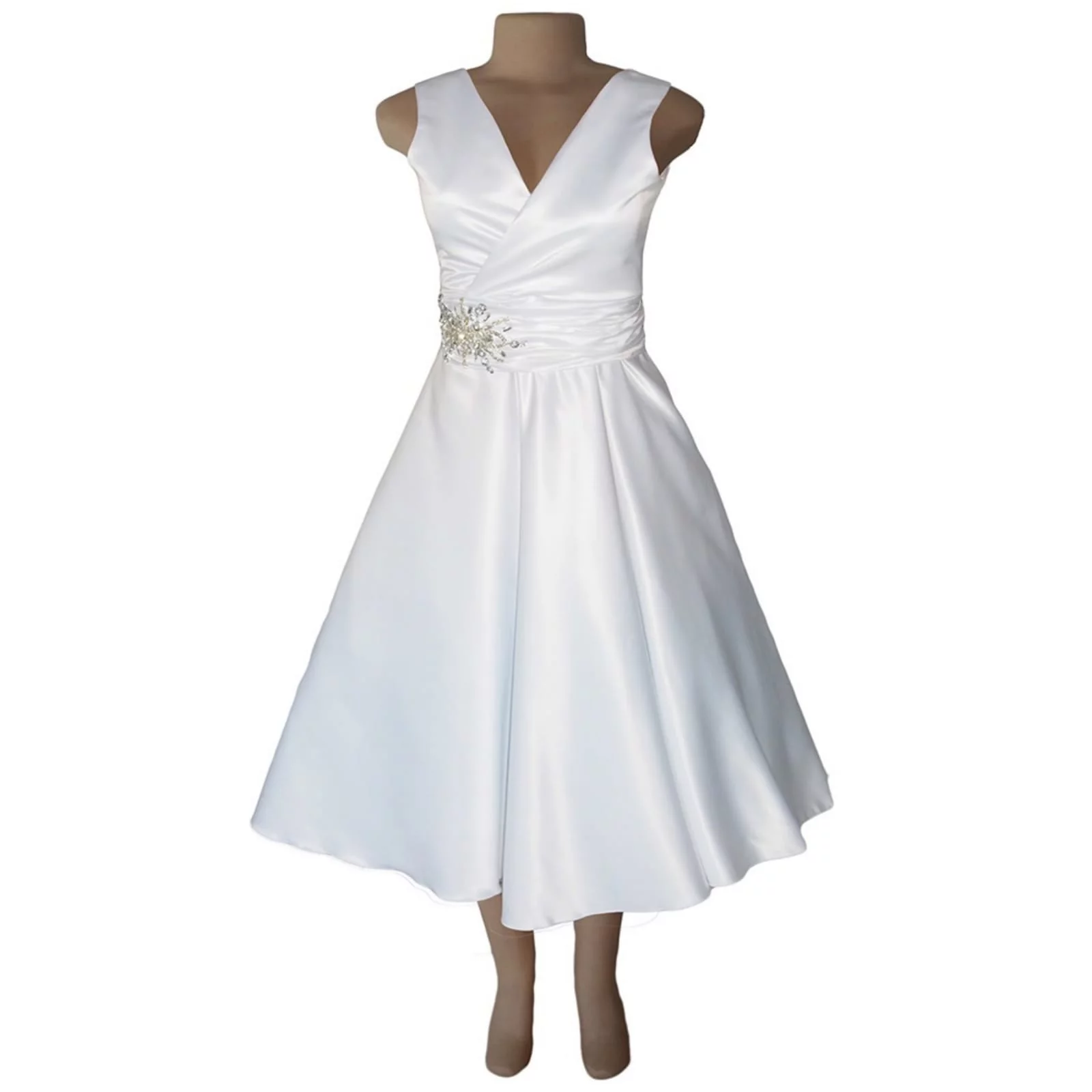 White satin 3/4 length v neck custom made wedding dress 4 white satin 3/4 length v neck custom made wedding dress, with a cross bust effect, with a ruched belt detailed with silver bling. Back detailed with buttons. With a 3/4 sleeve rounded white bolero.