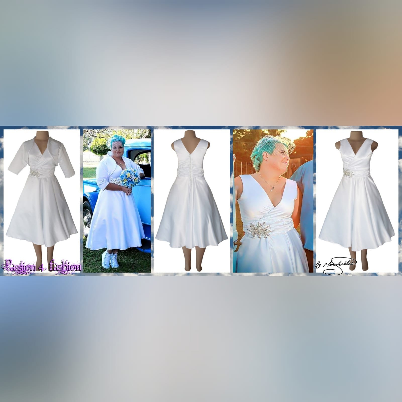White satin 3/4 length v neck custom made wedding dress 3 white satin 3/4 length v neck custom made wedding dress, with a cross bust effect, with a ruched belt detailed with silver bling. Back detailed with buttons. With a 3/4 sleeve rounded white bolero.