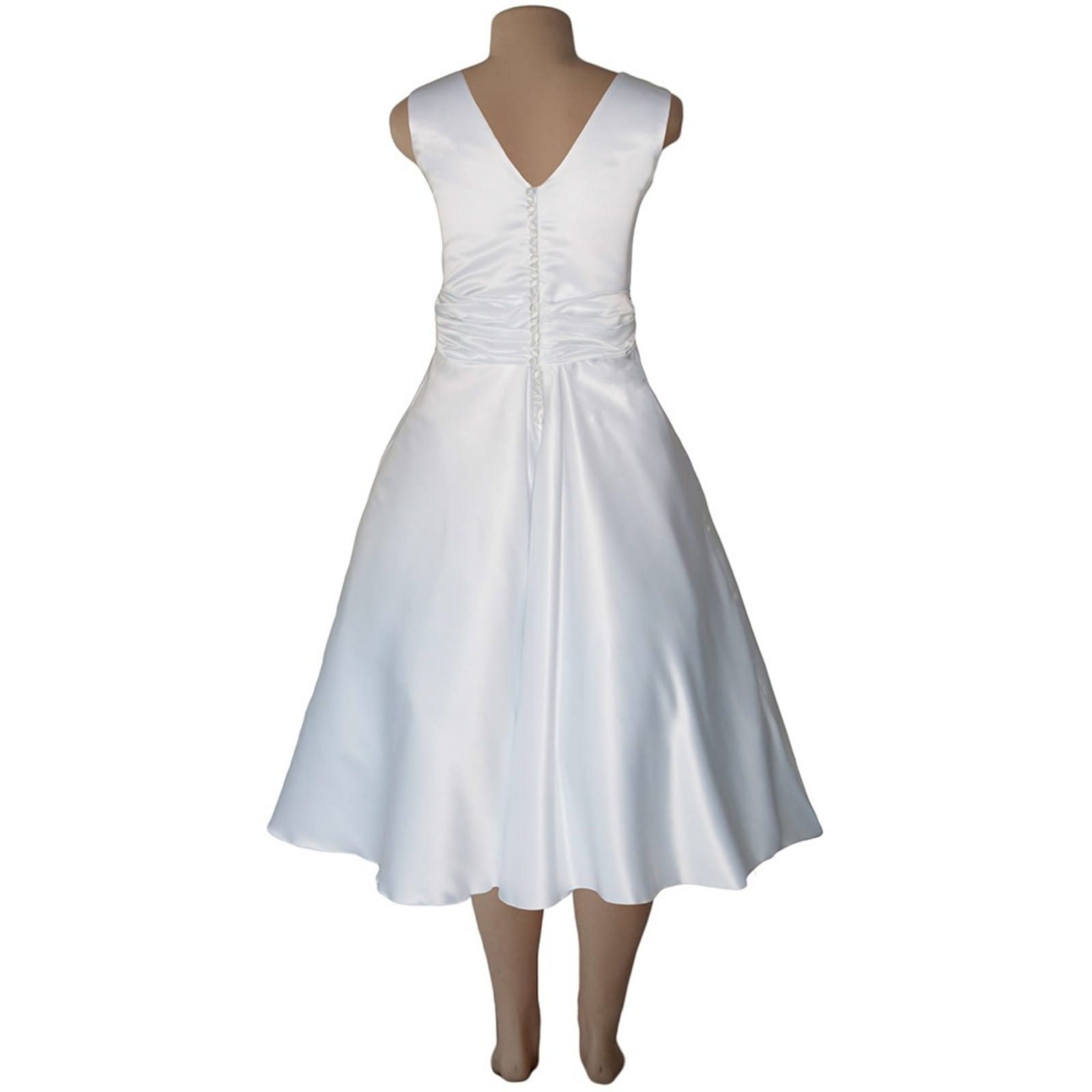 White satin 3/4 length v neck custom made wedding dress 6 white satin 3/4 length v neck custom made wedding dress, with a cross bust effect, with a ruched belt detailed with silver bling. Back detailed with buttons. With a 3/4 sleeve rounded white bolero.