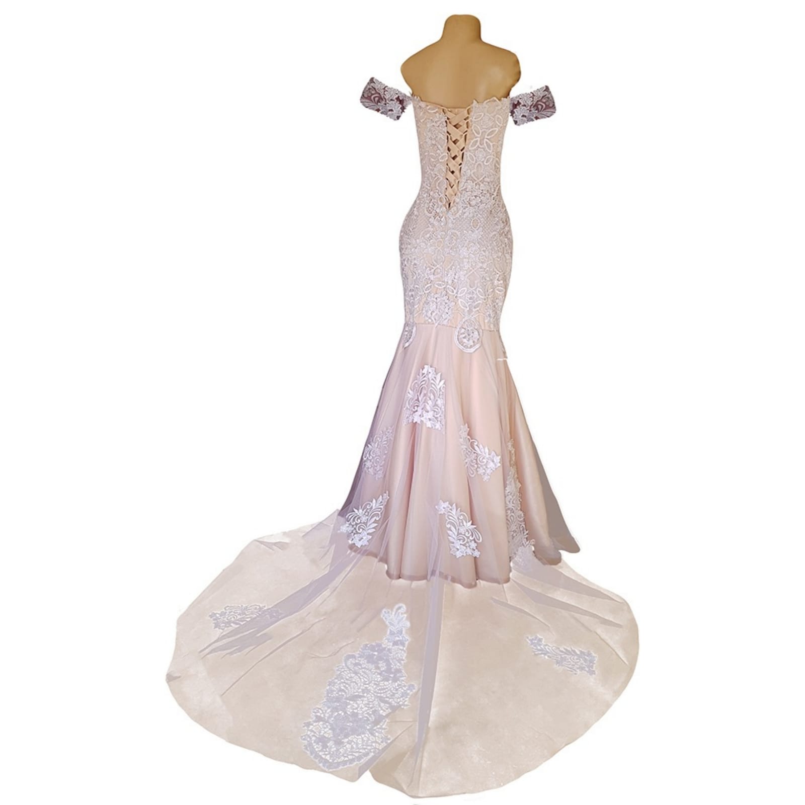 White lace and pinky peach mermaid wedding dress 5 pale peach and white soft mermaid wedding dress with a lace-up open back and off-shoulder strap sleeve. With a sheer train detailed with lace.