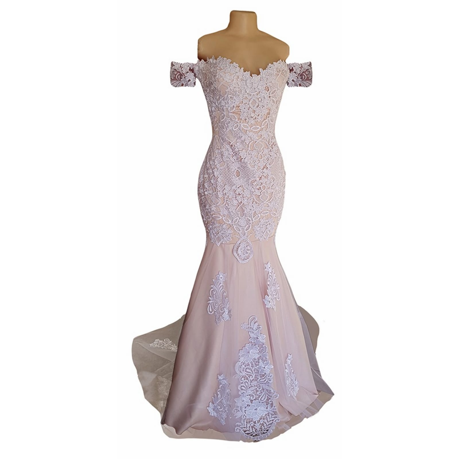 White lace and pinky peach mermaid wedding dress 4 pale peach and white soft mermaid wedding dress with a lace-up open back and off-shoulder strap sleeve. With a sheer train detailed with lace.