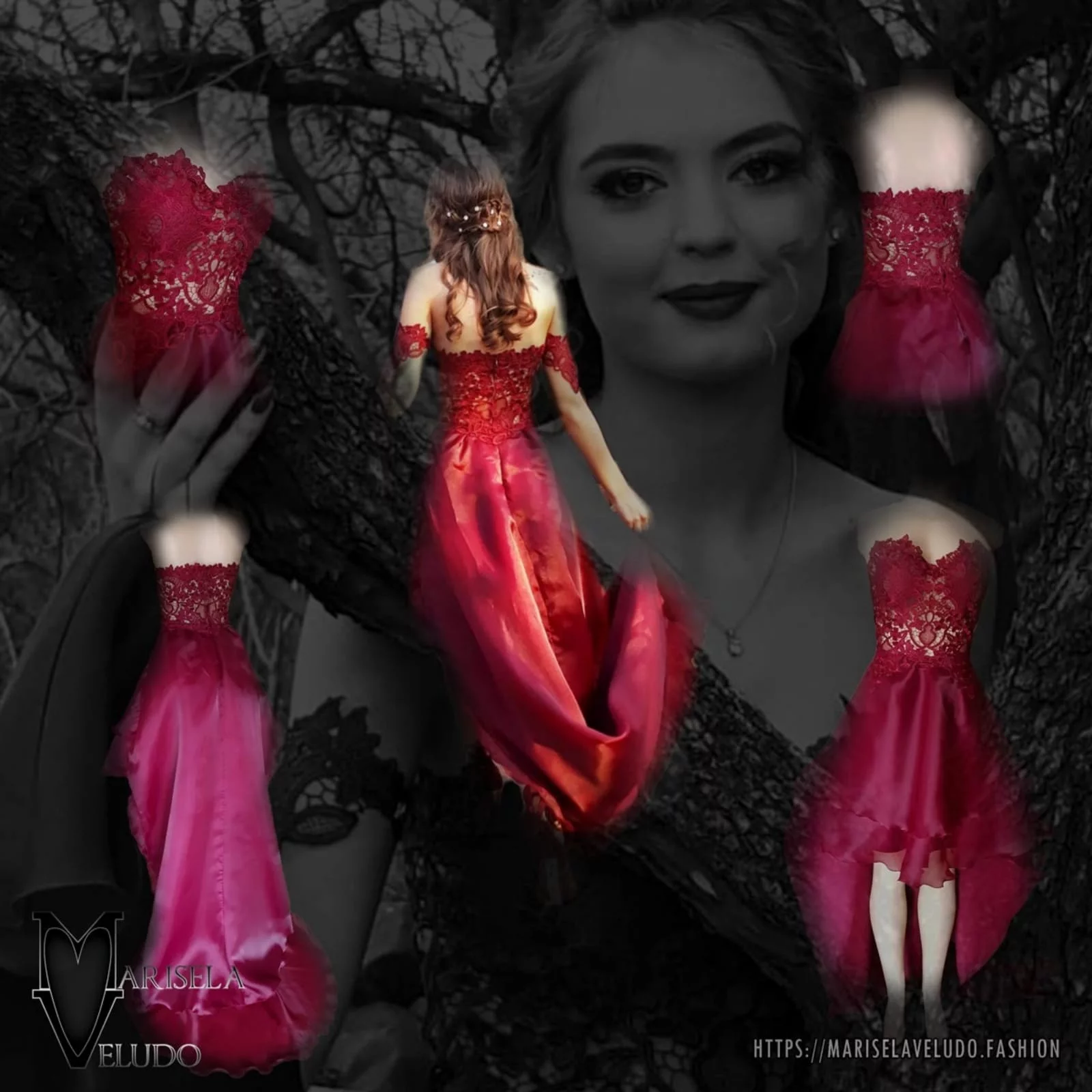 Dark red high low evening dress 11 the perfect dark red evening dress for your prom night if you want to look elegant yet adorable. With a lace bodice and a double layer hi - lo flowy bottom for a slight dramatic effect.