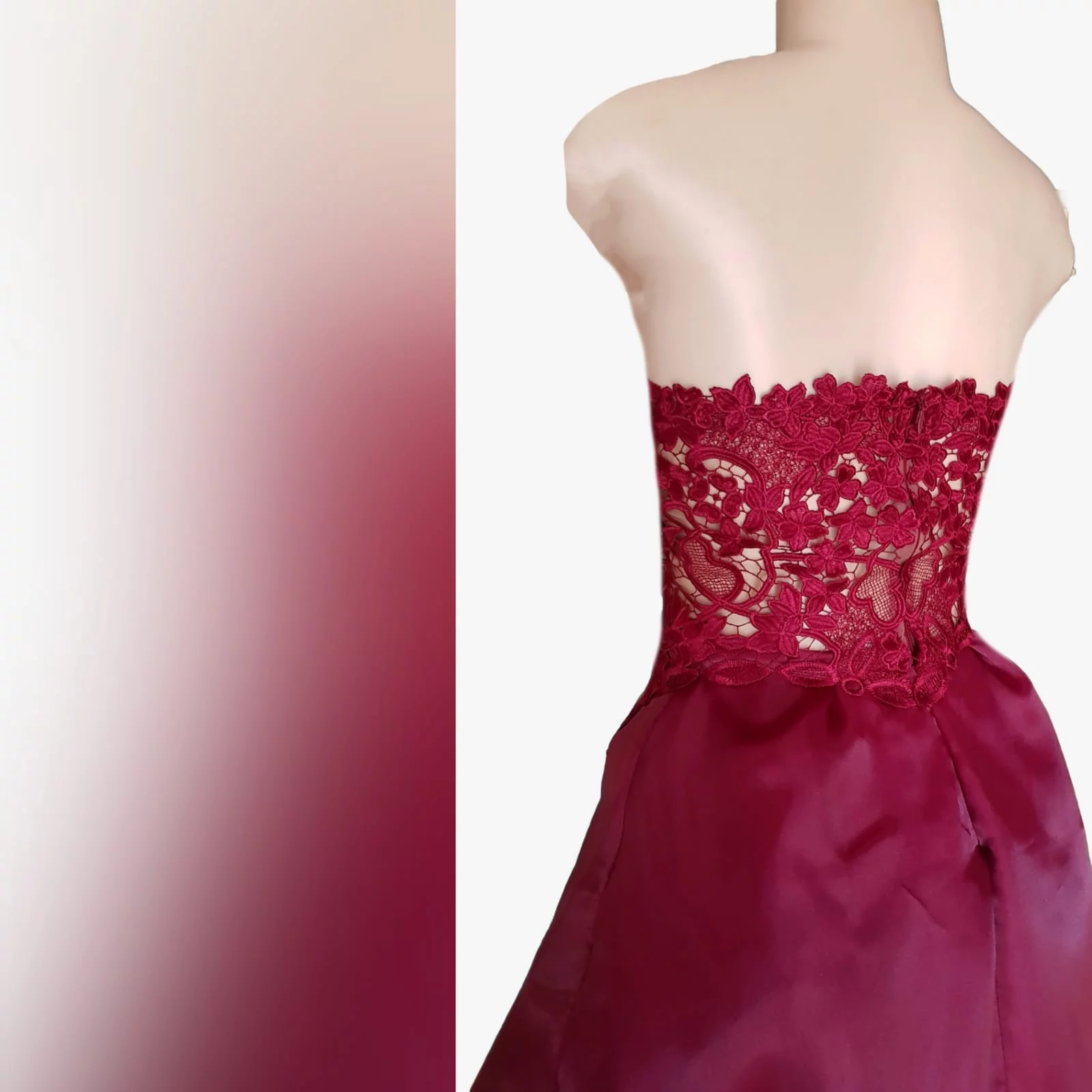 Dark red high low evening dress 5 the perfect dark red evening dress for your prom night if you want to look elegant yet adorable. With a lace bodice and a double layer hi - lo flowy bottom for a slight dramatic effect.