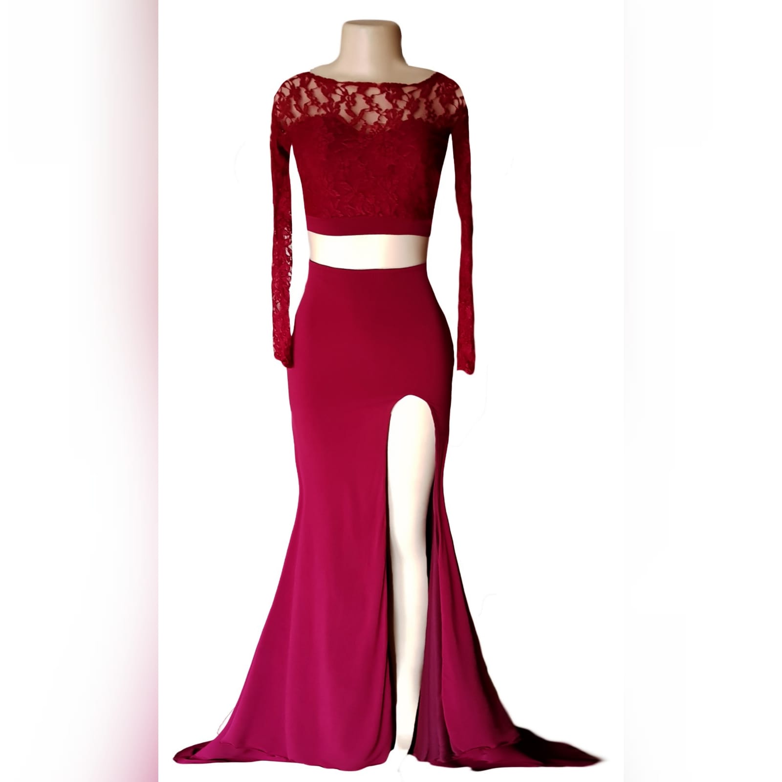 Deep red long sheer lace bodice prom dress 7 deep red long sheer lace bodice prom dress. Long off the shoulder lace sleeves with a rounded open back, slit and train.