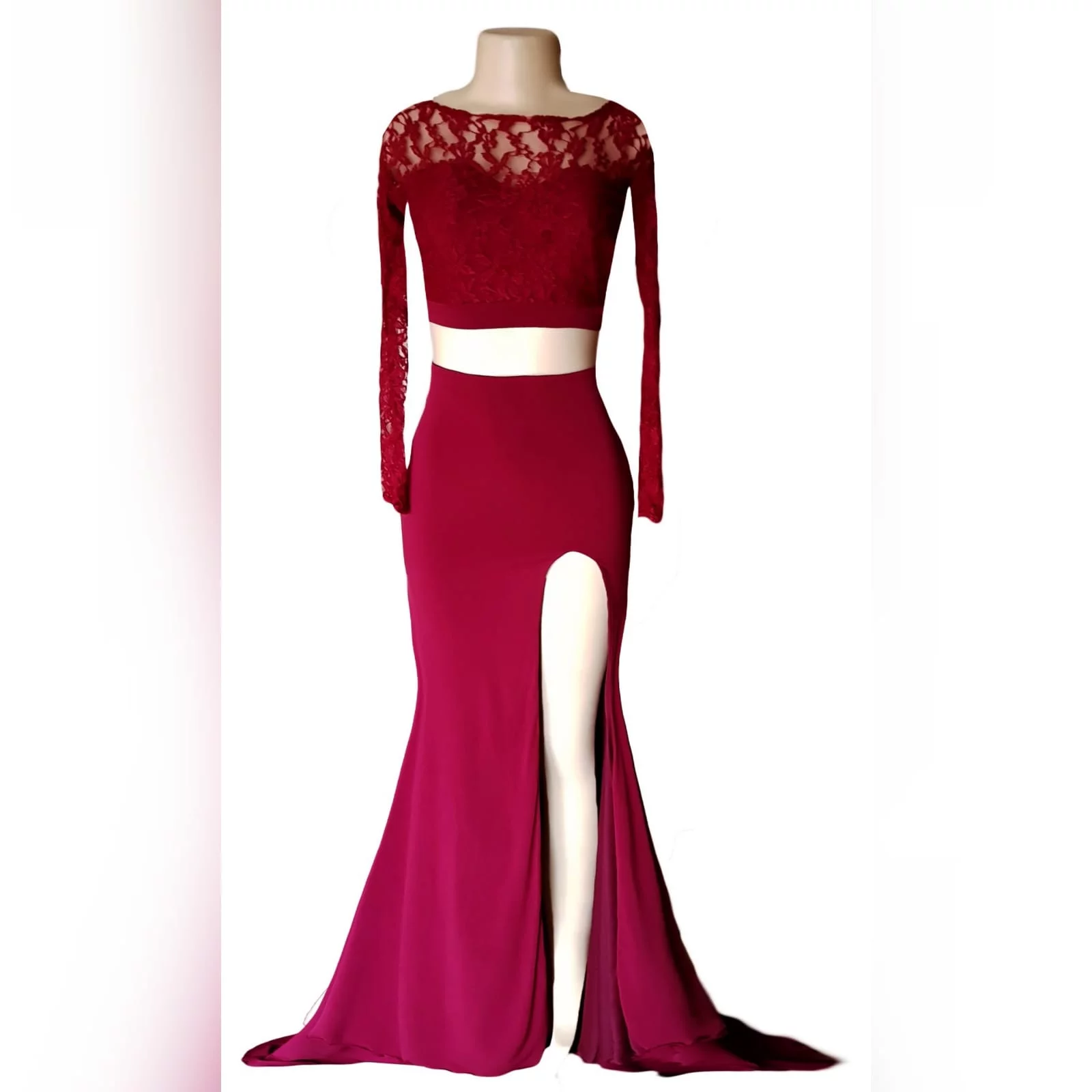 Red long sheer lace bodice matric dance dress 7 red long sheer lace bodice matric dance dress. Long off the shoulder lace sleeves with a rounded open back, slit and train.