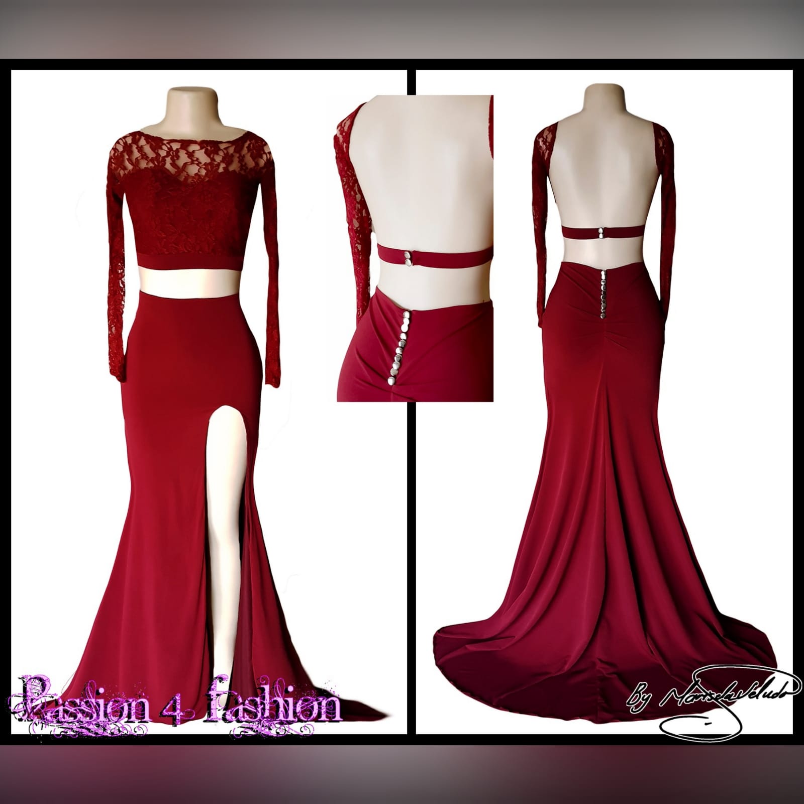 Deep red long sheer lace bodice prom dress 8 deep red long sheer lace bodice prom dress. Long off the shoulder lace sleeves with a rounded open back, slit and train.