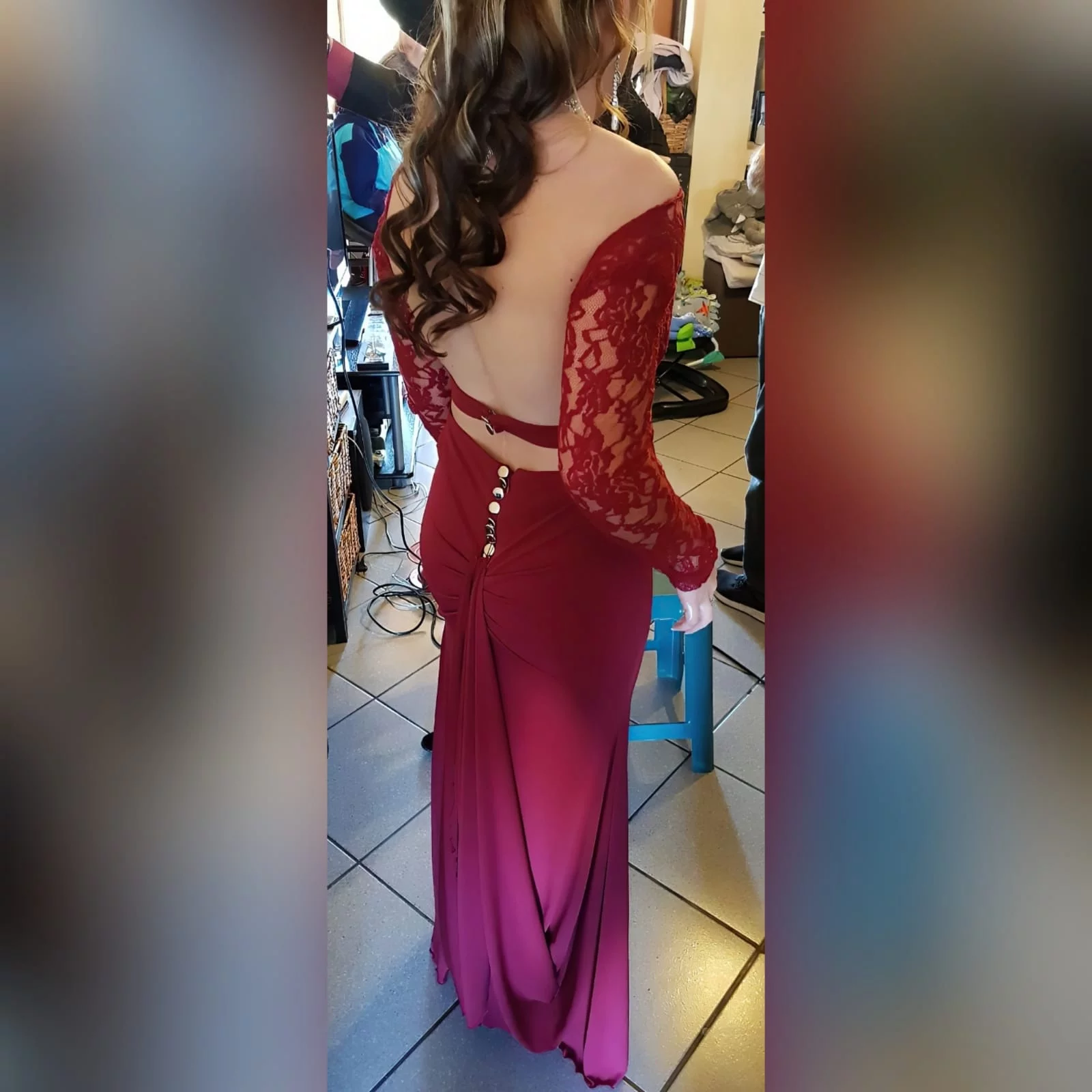 Red long sheer lace bodice matric dance dress 1 red long sheer lace bodice matric dance dress. Long off the shoulder lace sleeves with a rounded open back, slit and train.