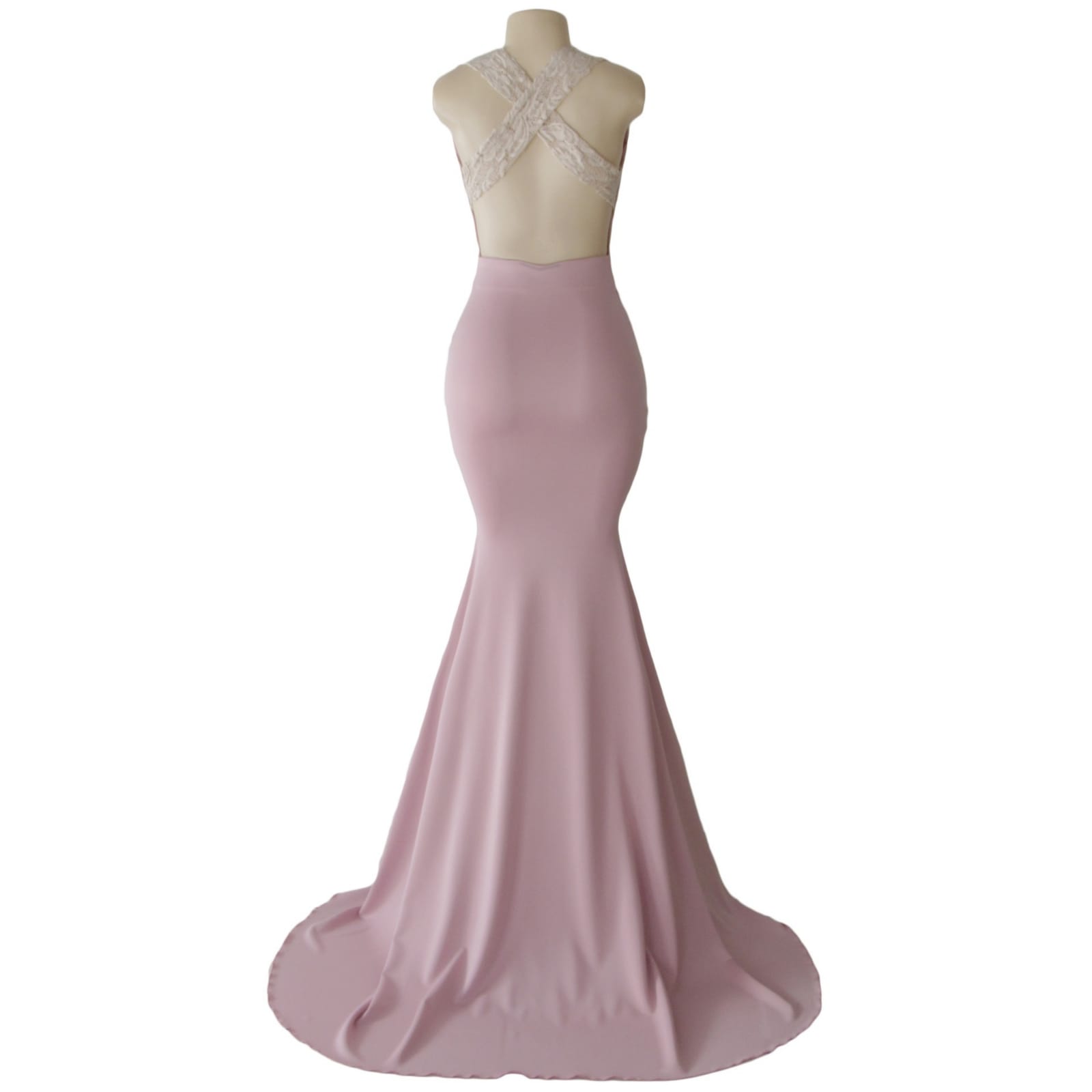 Dirty pink and cream soft mermaid prom dress 4 dirty pink and cream plunging neckline soft mermaid matric farewell dress with an open back and crossed lace back straps with a train.