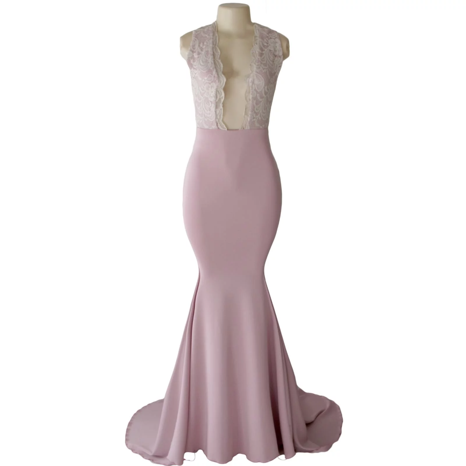 Dirty pink and cream soft mermaid prom dress 6 dirty pink and cream plunging neckline soft mermaid matric farewell dress with an open back and crossed lace back straps with a train.