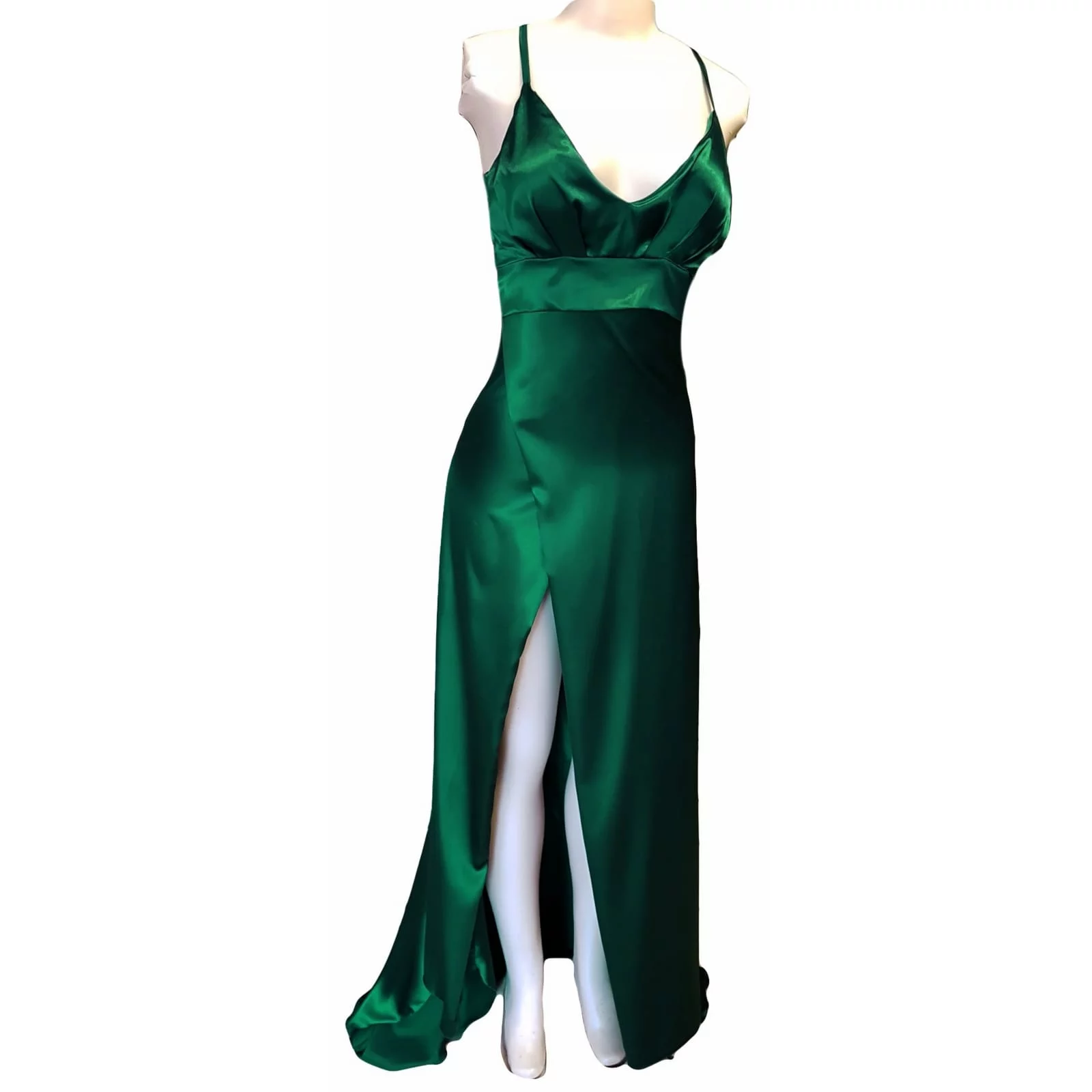 Emerald green long satin matric farewell dress 5 emerald green long satin matric farewell dress. With a high crossed slit and a train.