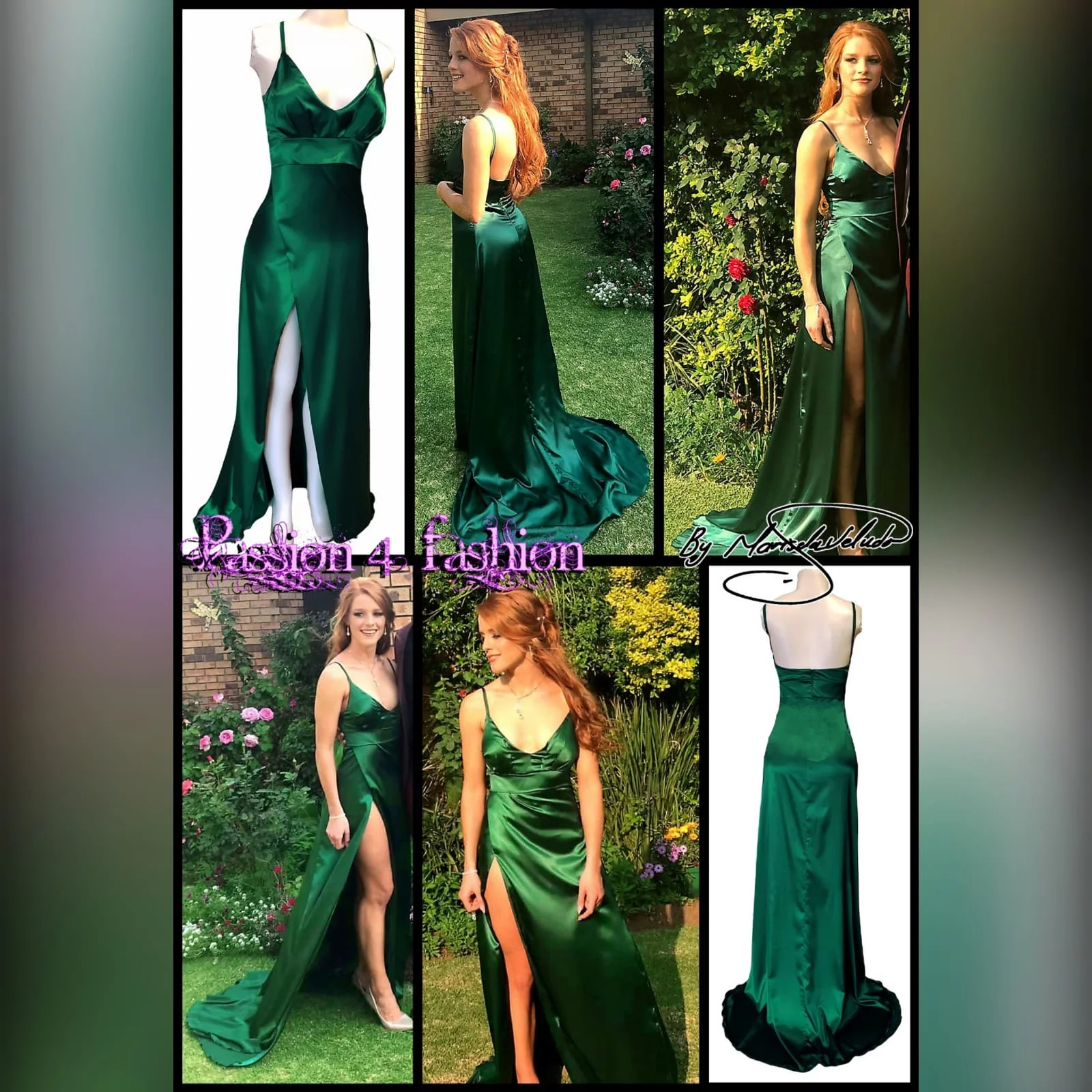 Emerald green long satin matric farewell dress 6 emerald green long satin matric farewell dress. With a high crossed slit and a train.