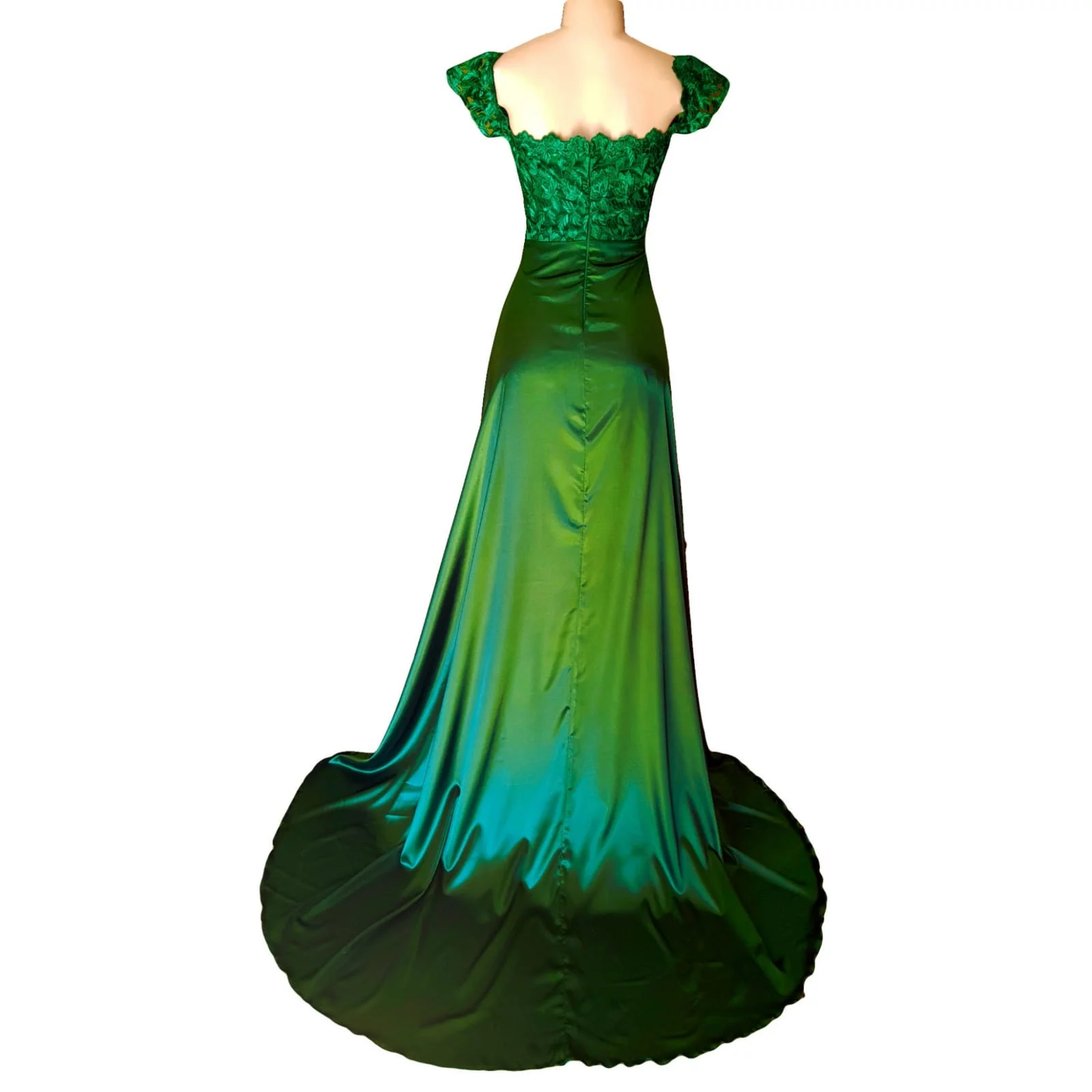Emerald green satin and lace off shoulder matric farewell dress 3 emerald green satin and lace off shoulder matric farewell dress with a slit and a train and off shoulder cap sleeves.