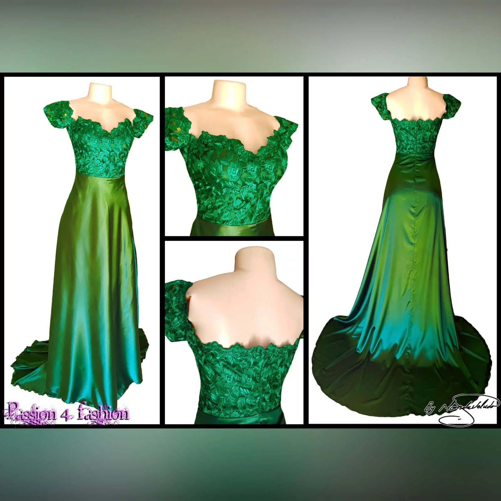 Emerald green satin and lace off shoulder matric farewell dress 2 emerald green satin and lace off shoulder matric farewell dress with a slit and a train and off shoulder cap sleeves.