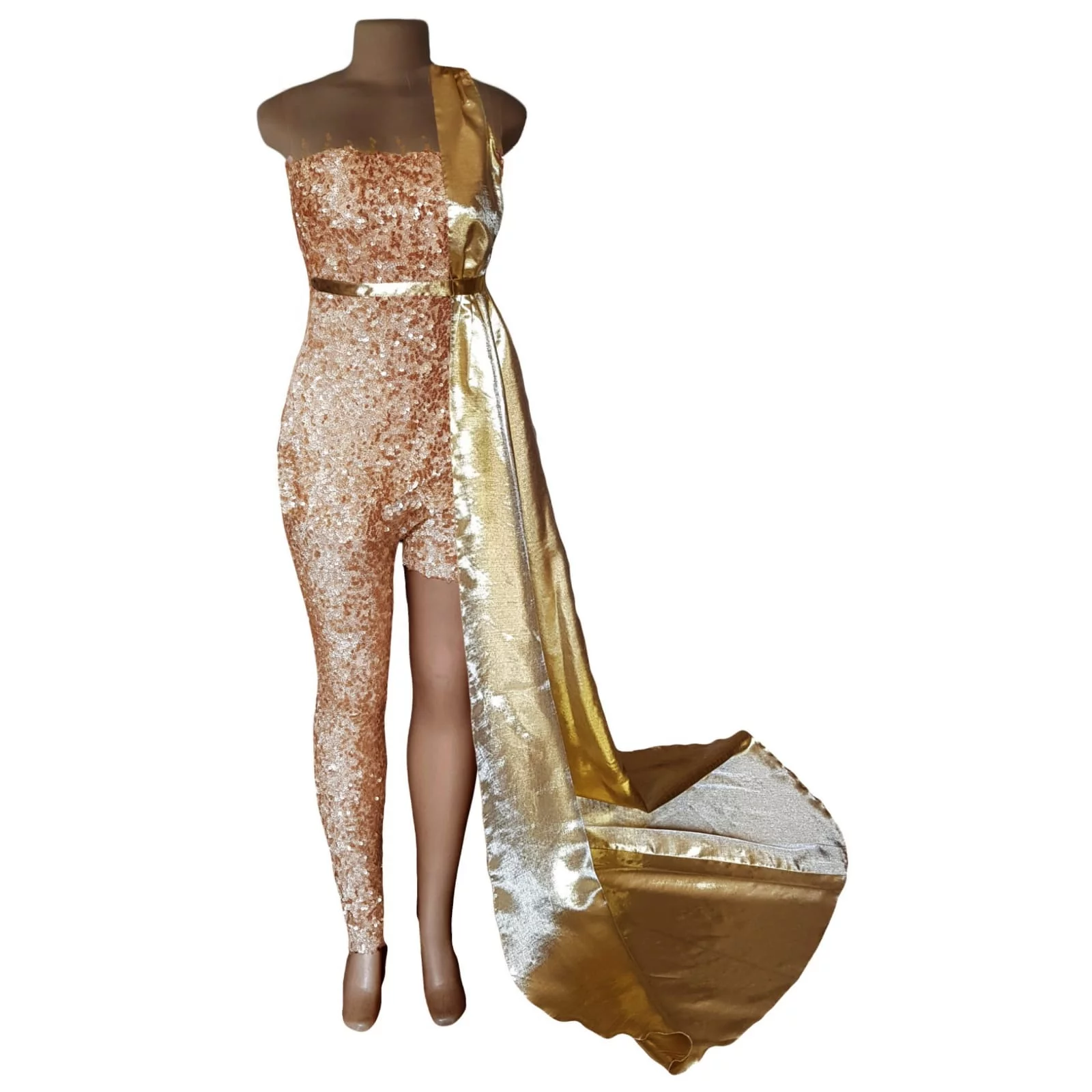 Gold sequins evening wear bodysuit 3 gold sequins evening wear bodysuit with an illusion neckline and sleeves, detailed with gold beads. With a long and short leg. Detachable side gold train.