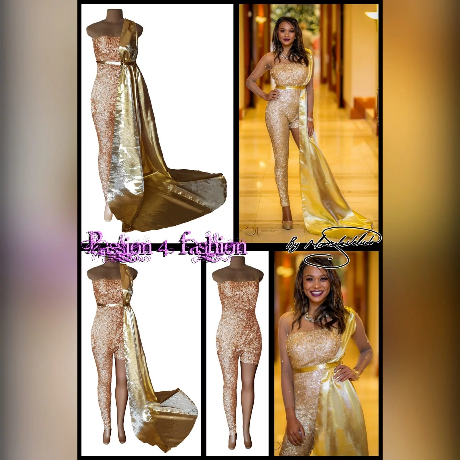 Gold sequins evening wear bodysuit 6 gold sequins evening wear bodysuit with an illusion neckline and sleeves, detailed with gold beads. With a long and short leg. Detachable side gold train.
