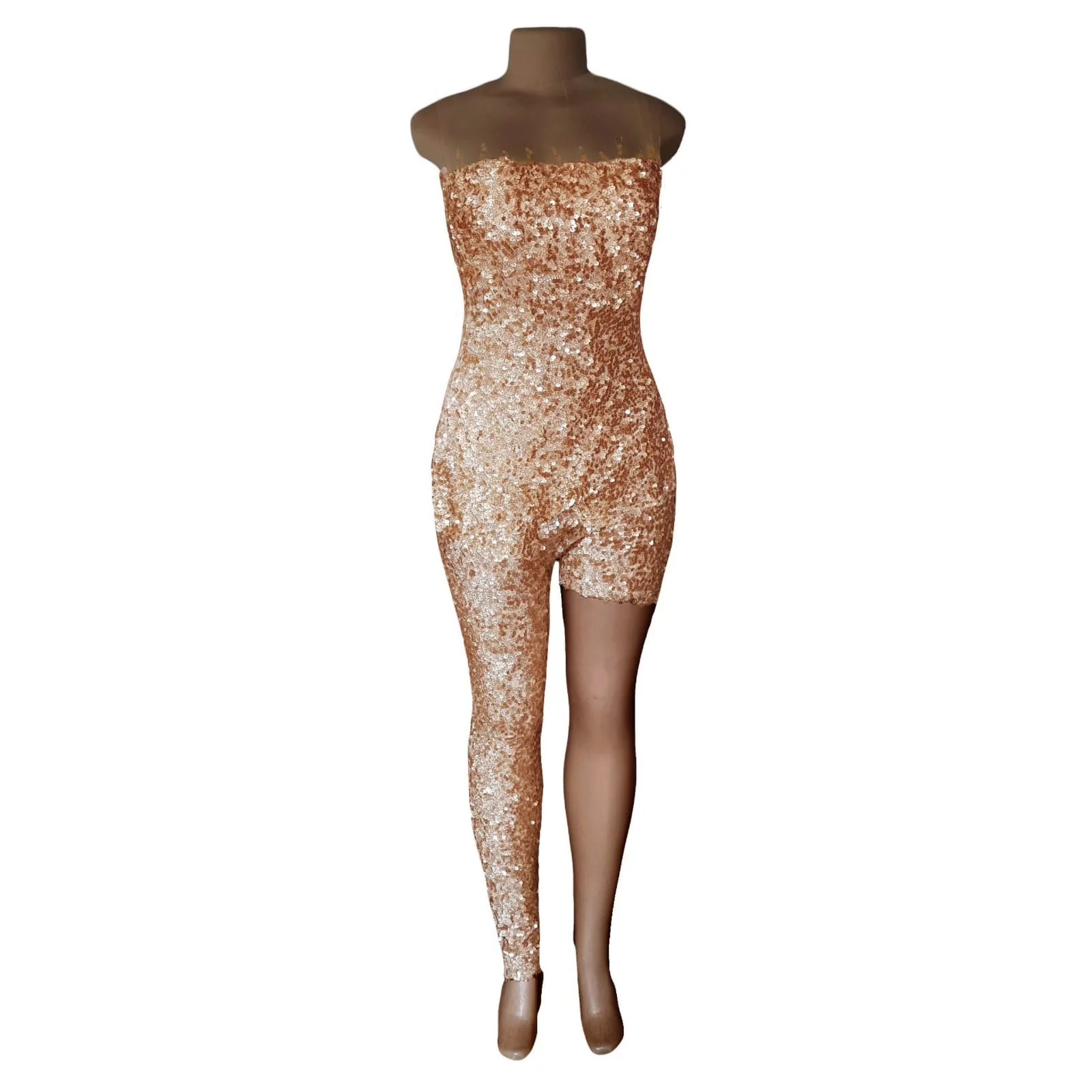 Gold sequins evening wear bodysuit 5 gold sequins evening wear bodysuit with an illusion neckline and sleeves, detailed with gold beads. With a long and short leg. Detachable side gold train.