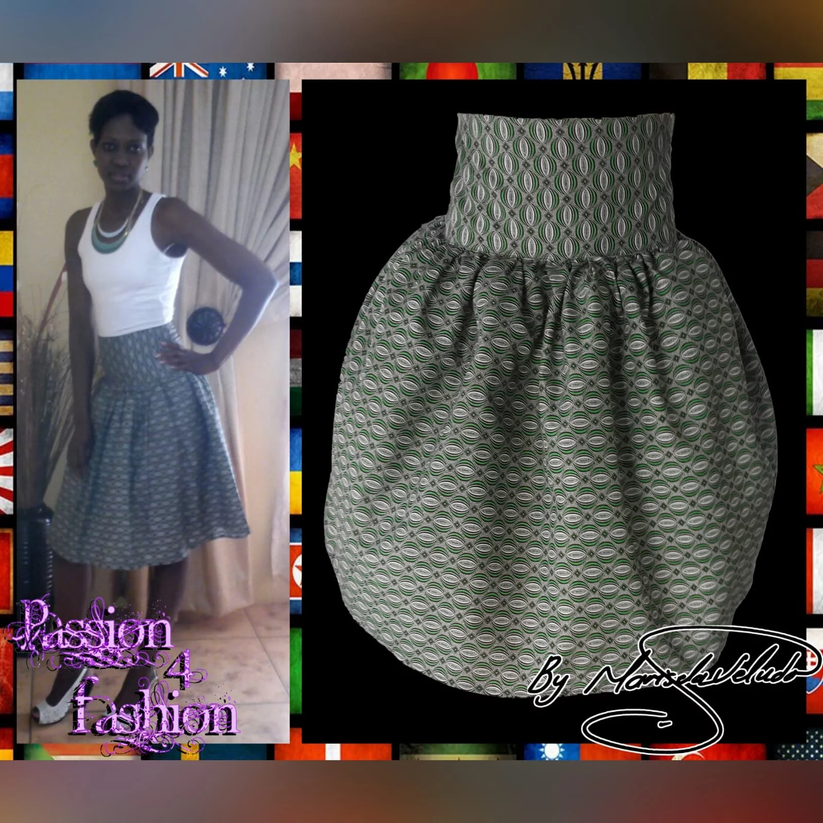 Green gathered high waist traditional skirt in xhosa print 3 a green patterned african gathered high waisted traditional skirt.