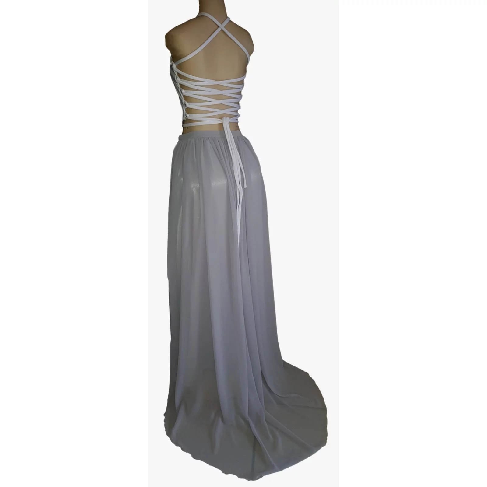 Grey and white 2 piece evening dress 5 grey and white 2 piece evening dress. Backless top lace-up detail, flowy chiffon skirt with a slit and a train.
