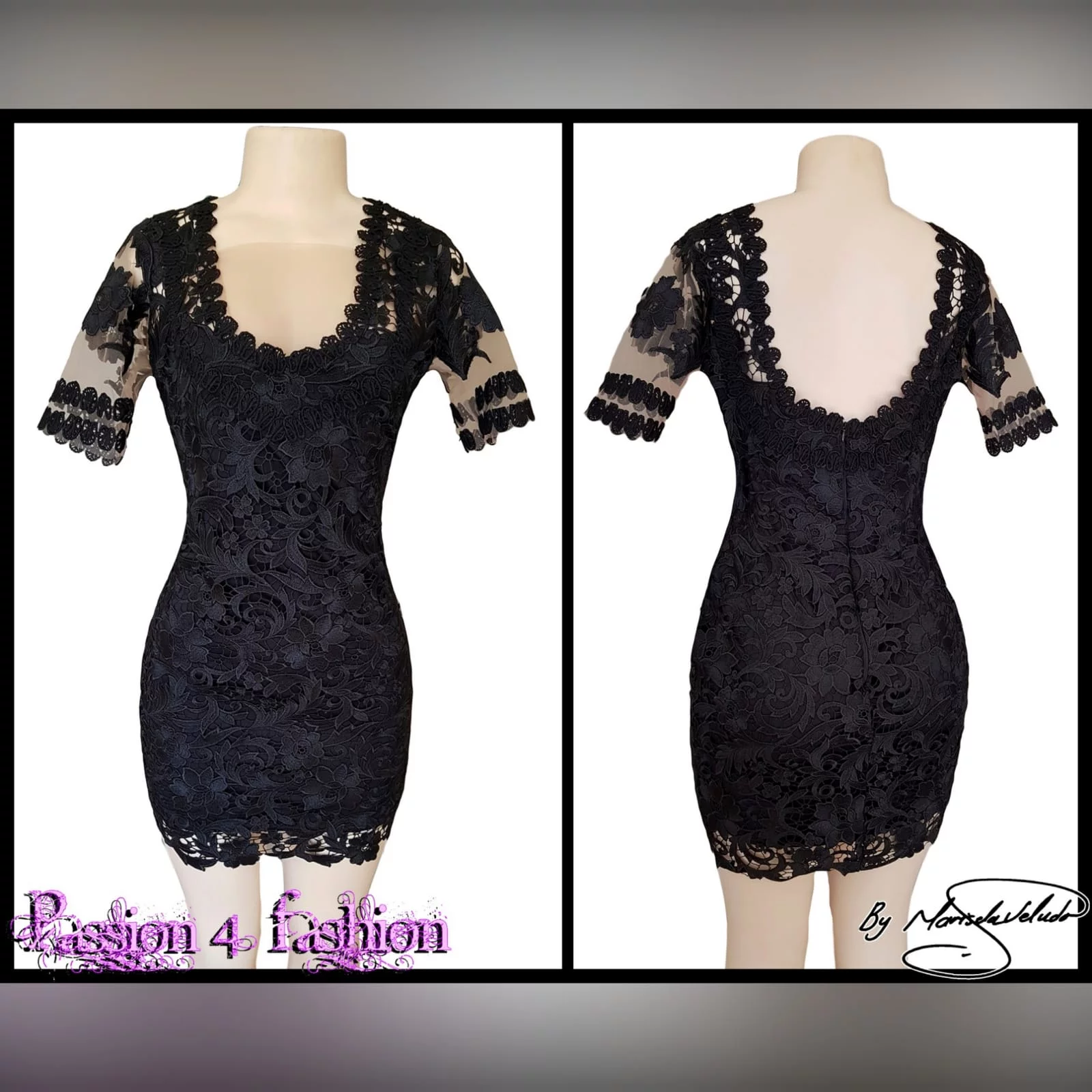 Black short guipure lace evening dress 4 black short guipure lace evening dress with a rounded front and back neckline. With sheers short sleeves detailed with lace.