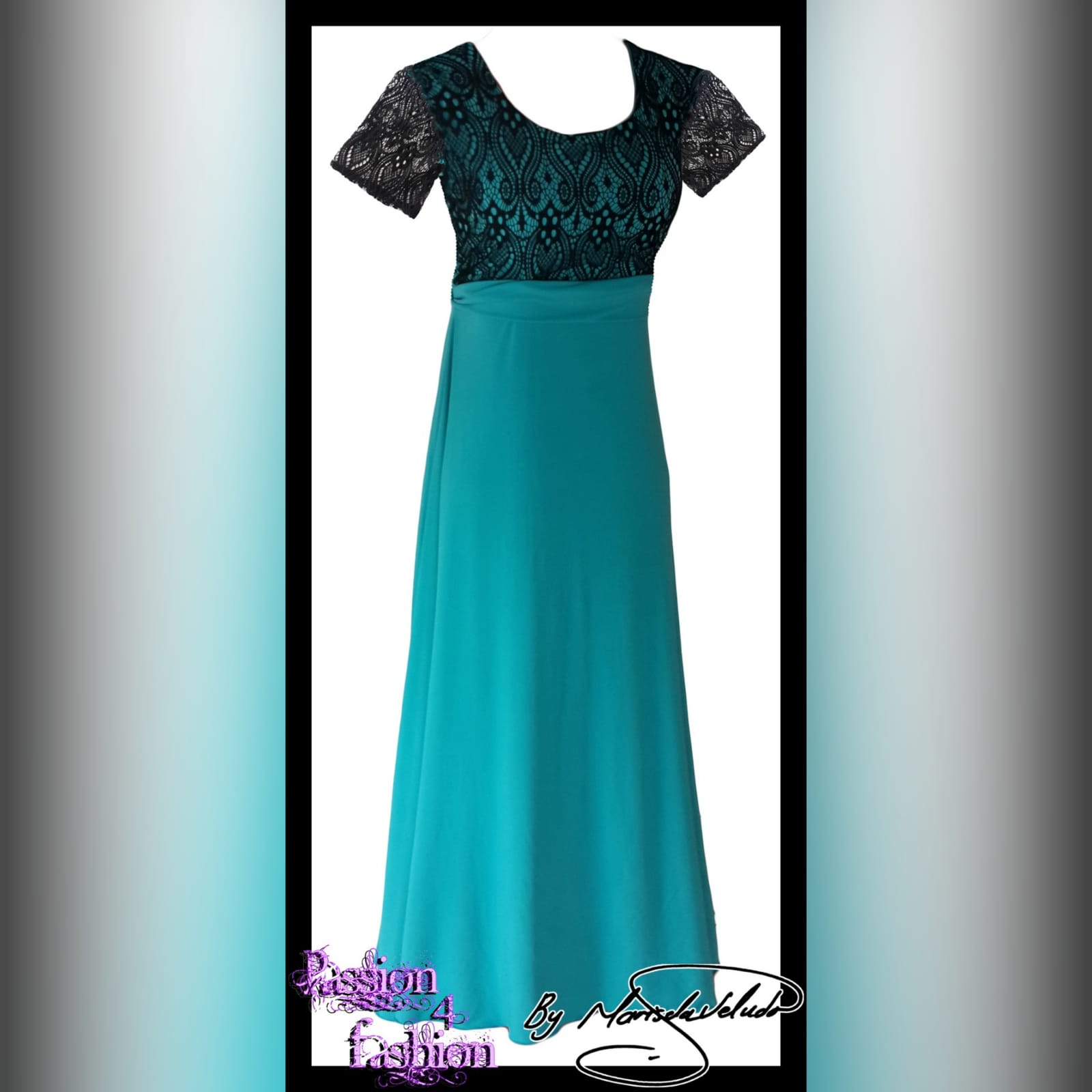 Turquoise & black lace evening dress 2 turquoise & black lace evening dress with short sheer lace sleeves