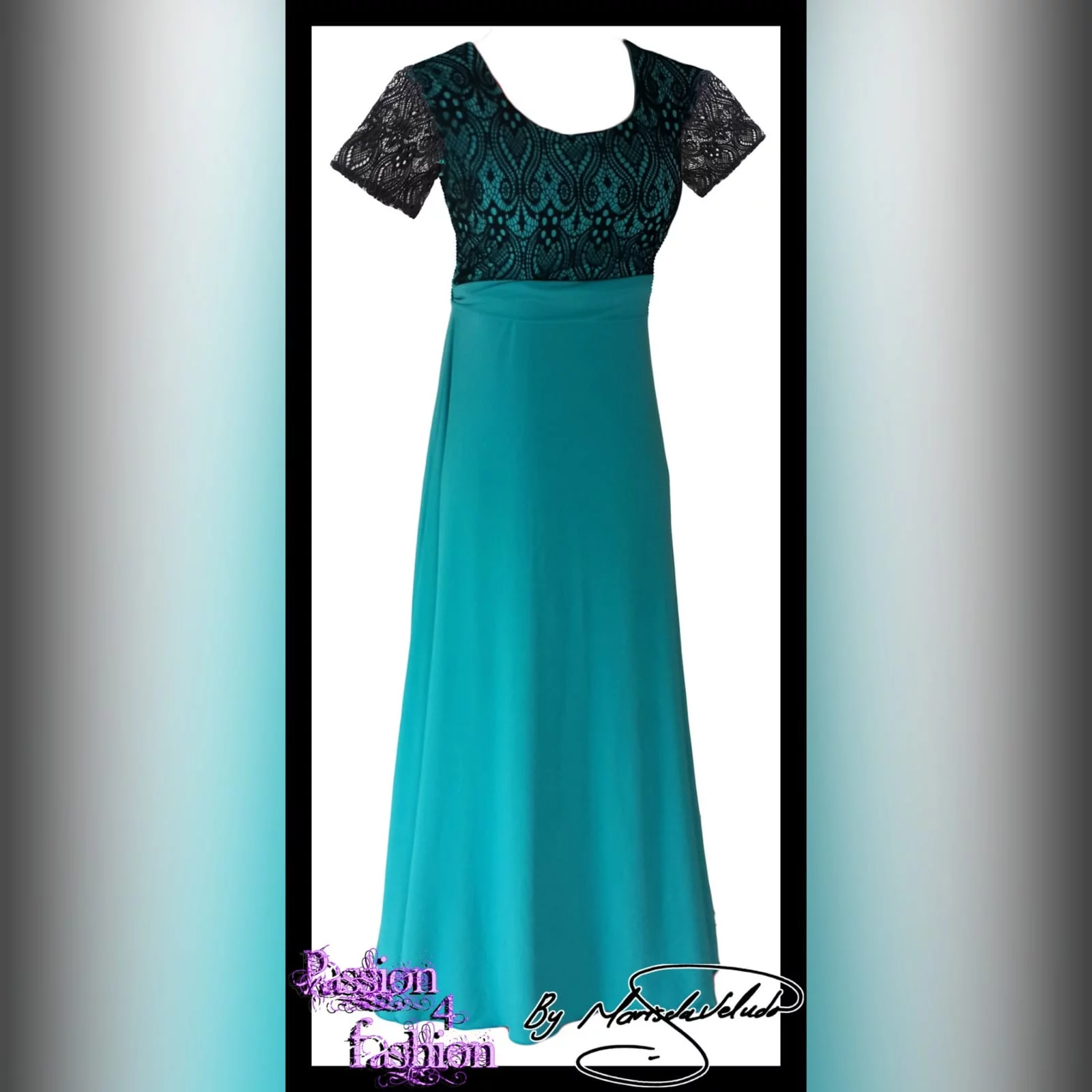 Turquoise & black lace evening dress 1 turquoise & black lace evening dress with short sheer lace sleeves