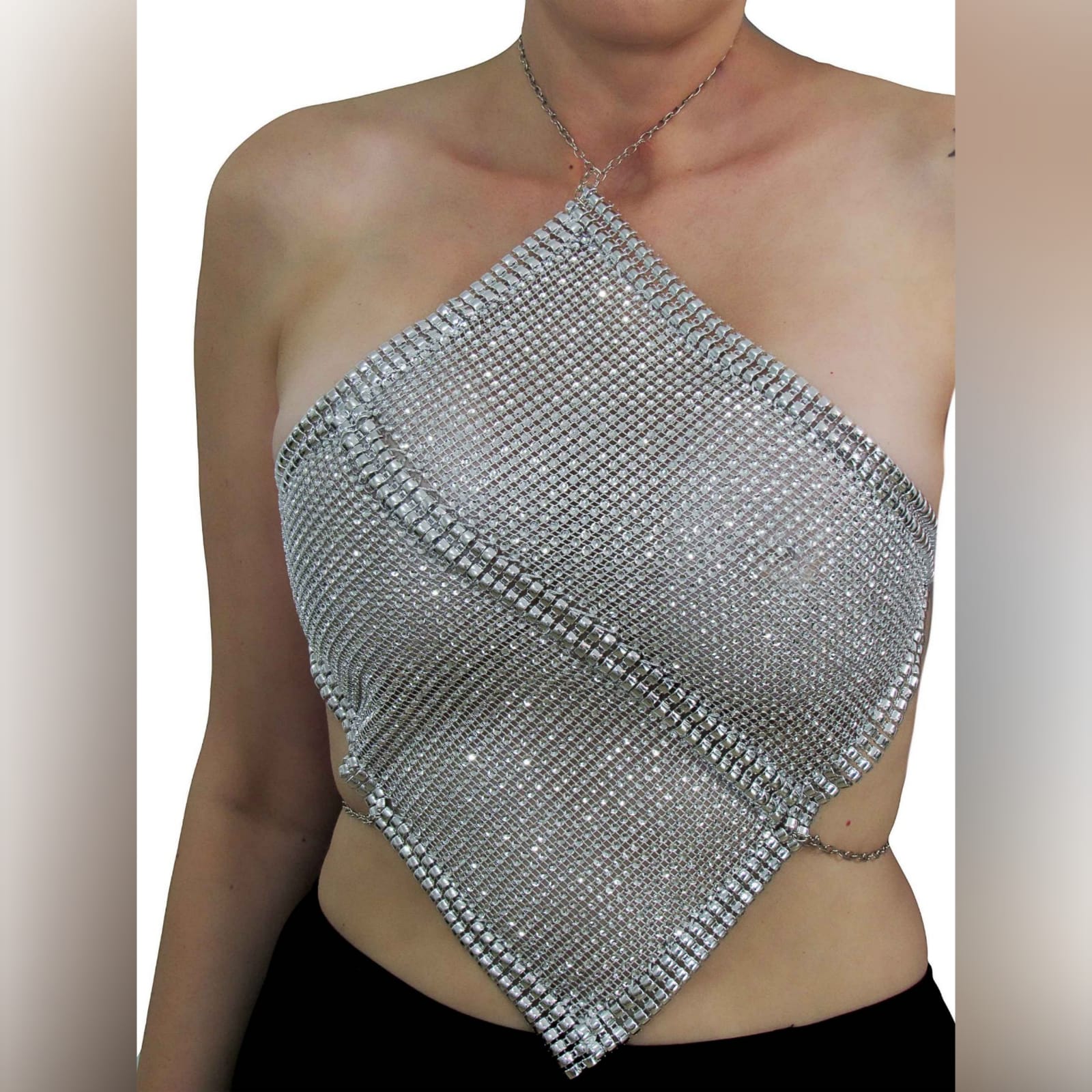 Diamond shape shiny silver crop top 3 diamond shape shiny silver crop top. Sexy top is great for dancing or a fun night out. Ties up on the neck and back with chain, which can be used to adjust the fit a sheer shiny top is great to add glamour and sexy to your look.