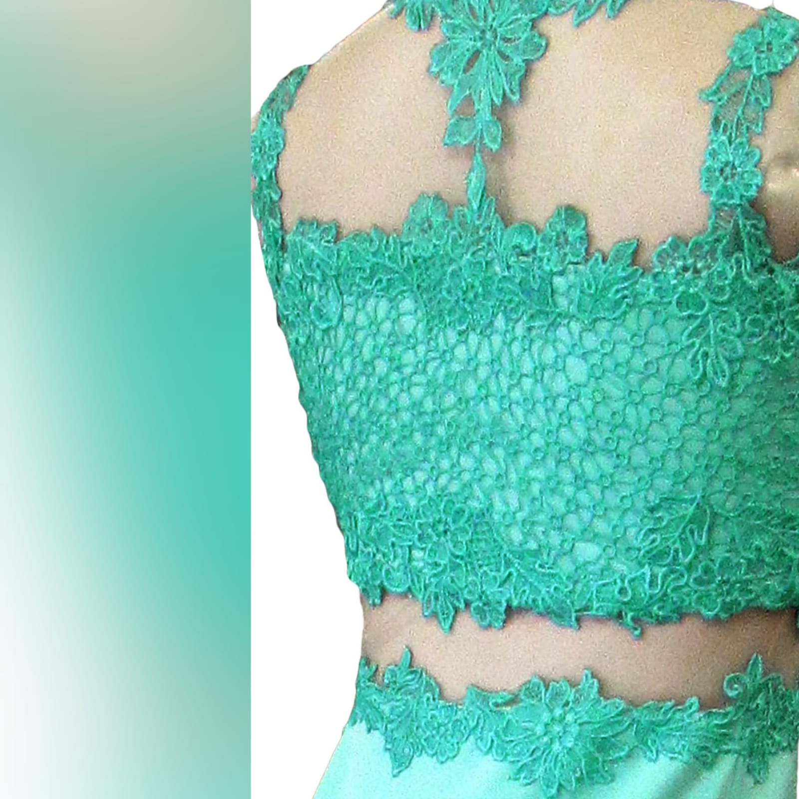 Illusion 2 piece mint green soft mermaid prom dress 7 illusion 2 piece mint green soft mermaid prom dress with a lace bodice and illusion lace neckline