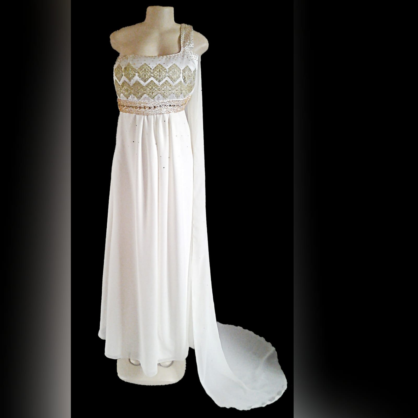 Ivory and olive green matric farewell dress 5 ivory long gathered matric farewell dress with bodice detailed in olive green lace embellishments with gold and bronze beads, with a one shoulder strap with an attached shoulder train.