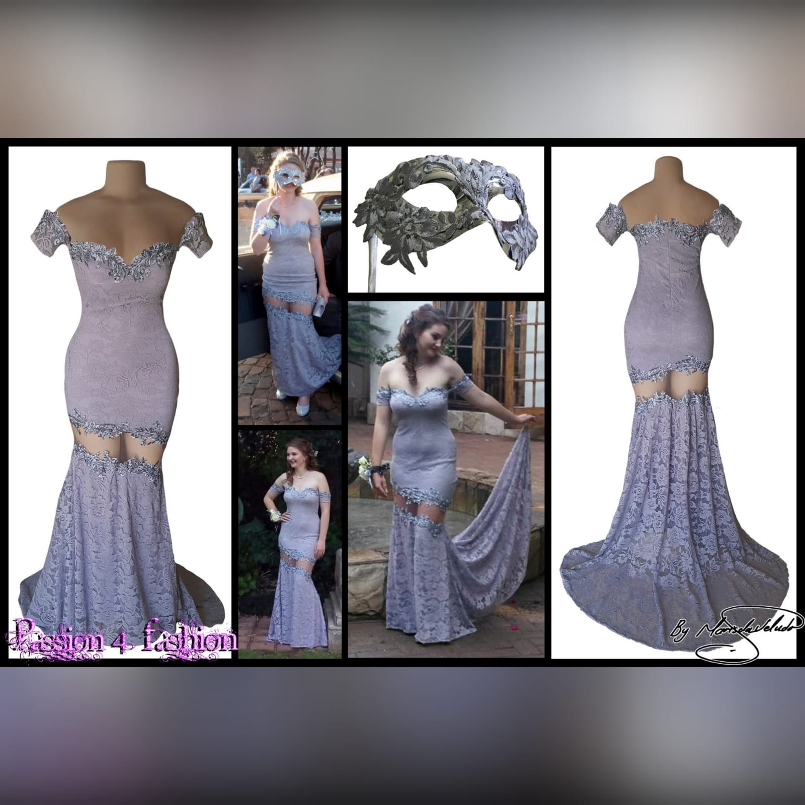 Light gray off shoulder fully laced prom dress 5 light gray off shoulder fully laced prom dress with an illusion knee design. Neckline and knee area detailed with silver lace. Dress with a train.
