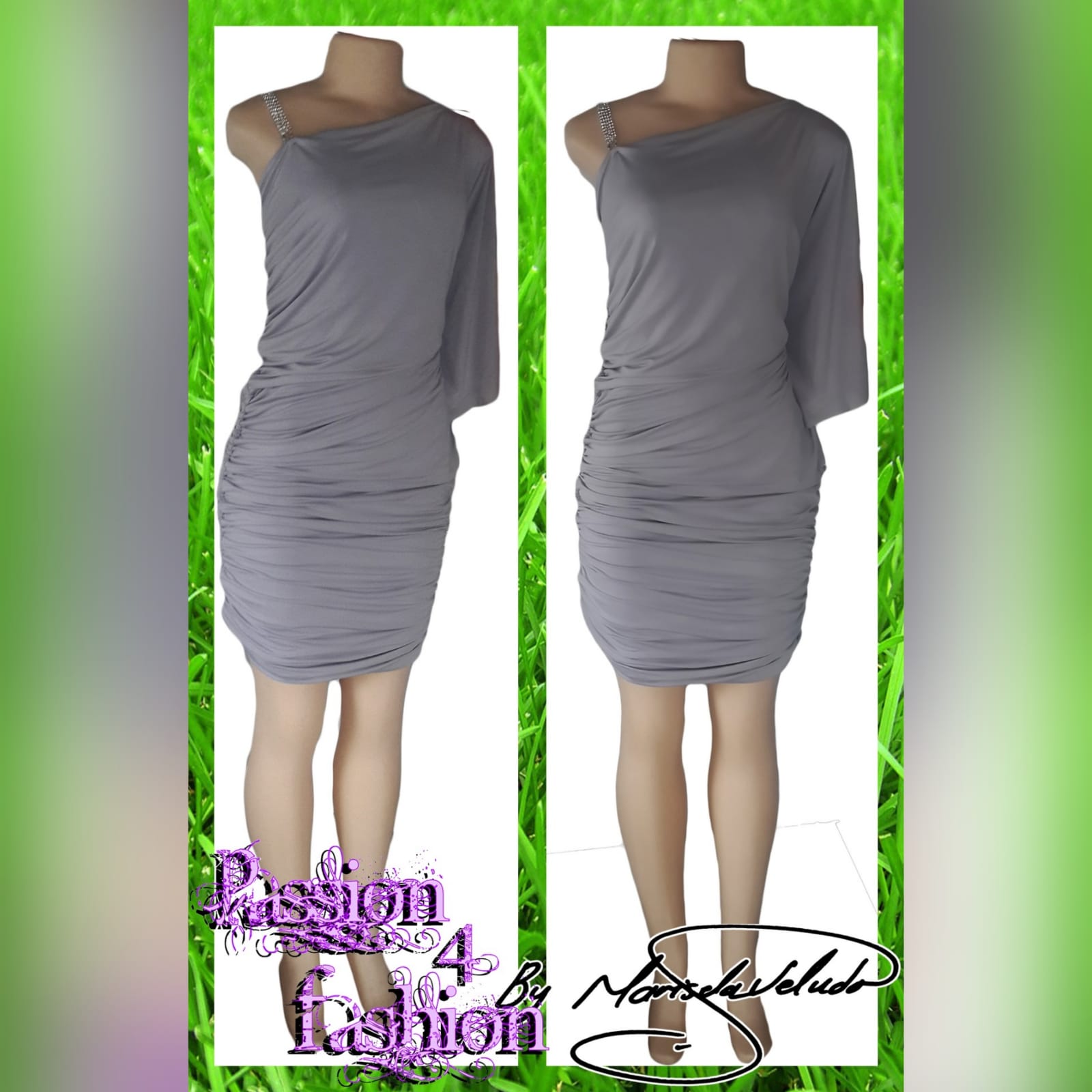 Light grey ruched knee length smart casual dress 2 light grey ruched knee length smart casual dress with one wide sleeve, an angular neckline and a removable diamante shoulder strap.