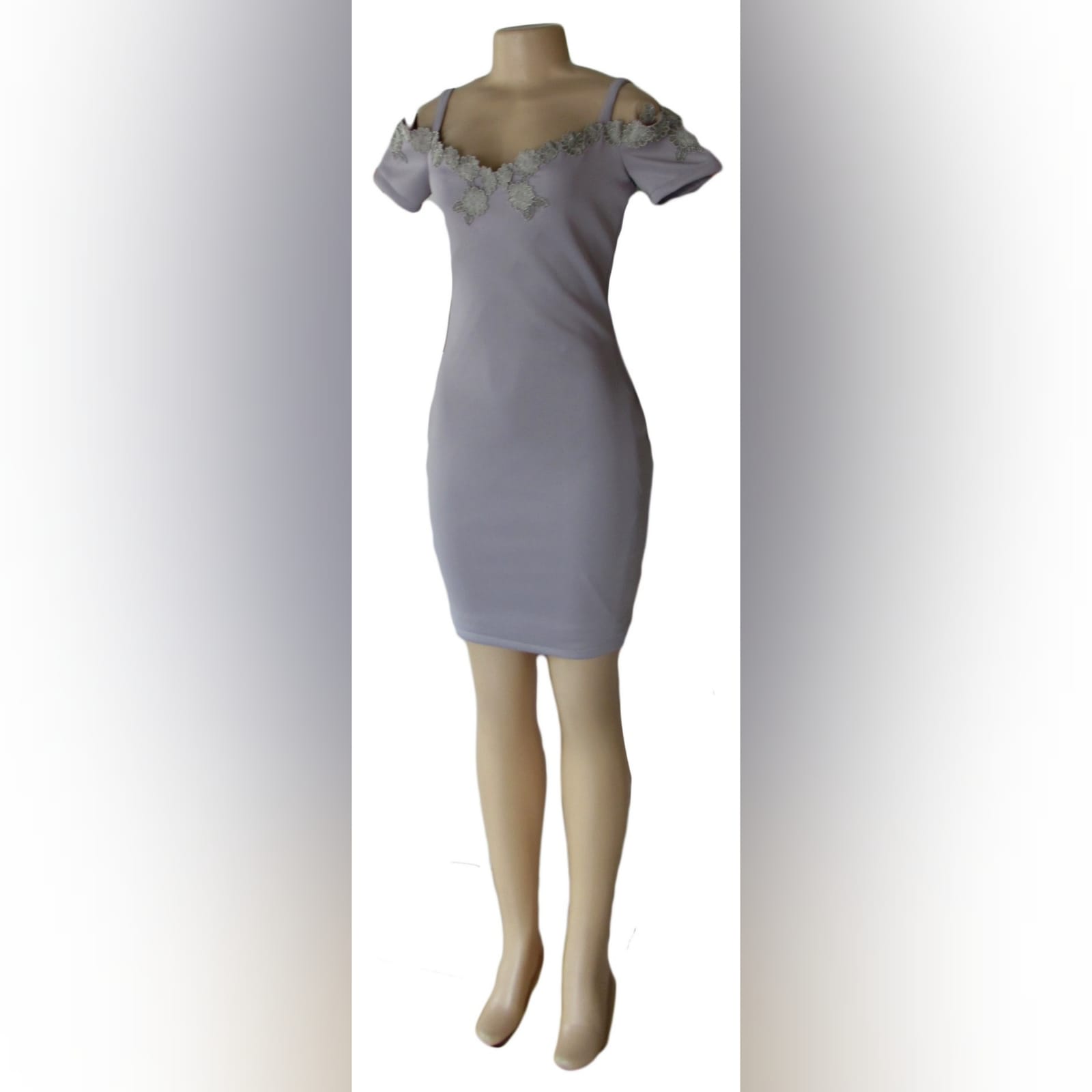 Light grey short fitted smart casual dress 4 light grey short fitted smart casual dress, with off shoulder shorter sleeves and shoulder straps. Neckline detailed with silver lace.