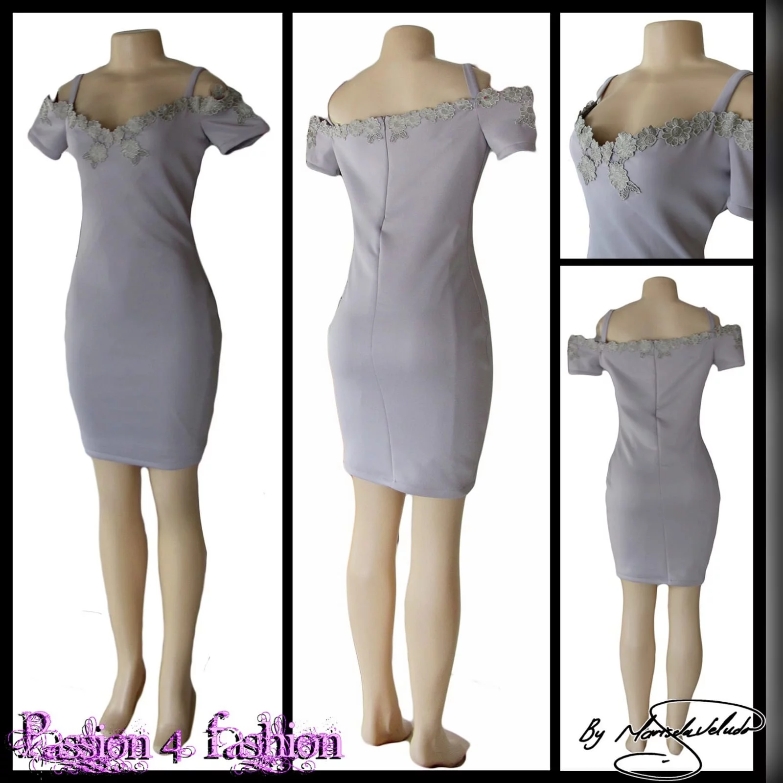 Light grey short fitted smart casual dress 5 light grey short fitted smart casual dress, with off shoulder shorter sleeves and shoulder straps. Neckline detailed with silver lace.