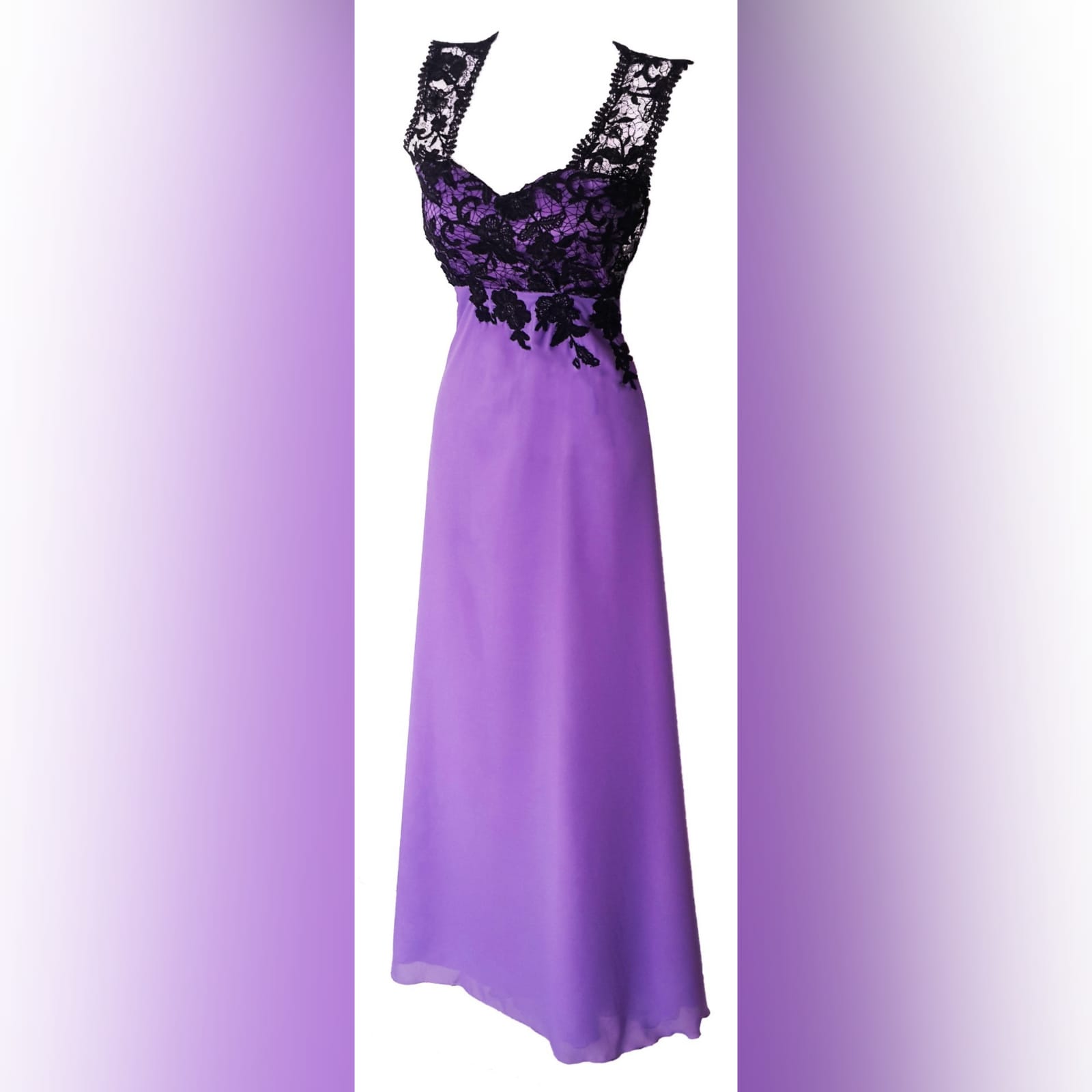 Lilac and black lace prom dress 3 lilac and black lace prom dress. Bodice with applique lace and a sweetheart neckline. With sheer lace shoulder straps and sheer lace on the back. Long and flowy prom dress.