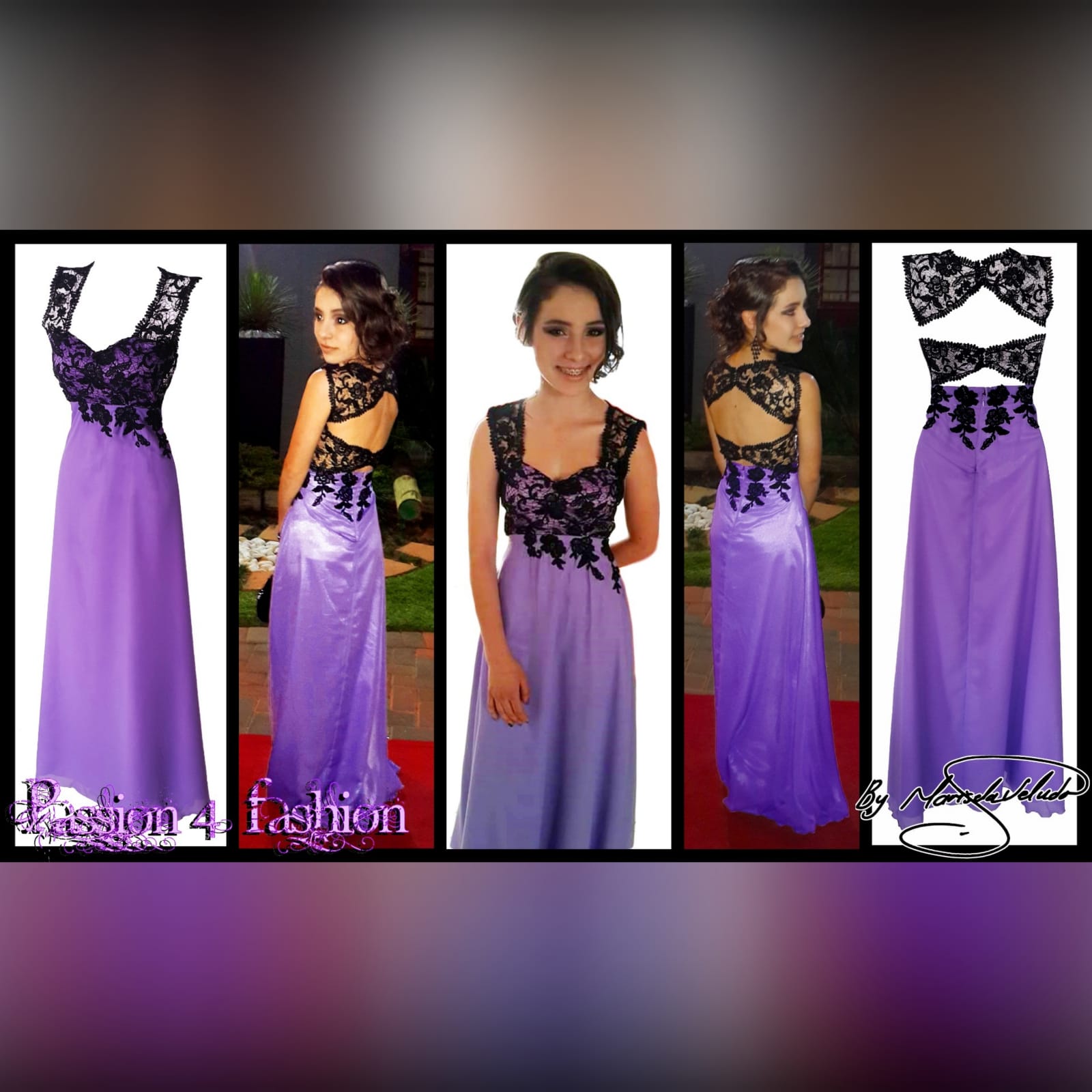 Lilac and black lace prom dress 4 lilac and black lace prom dress. Bodice with applique lace and a sweetheart neckline. With sheer lace shoulder straps and sheer lace on the back. Long and flowy prom dress.