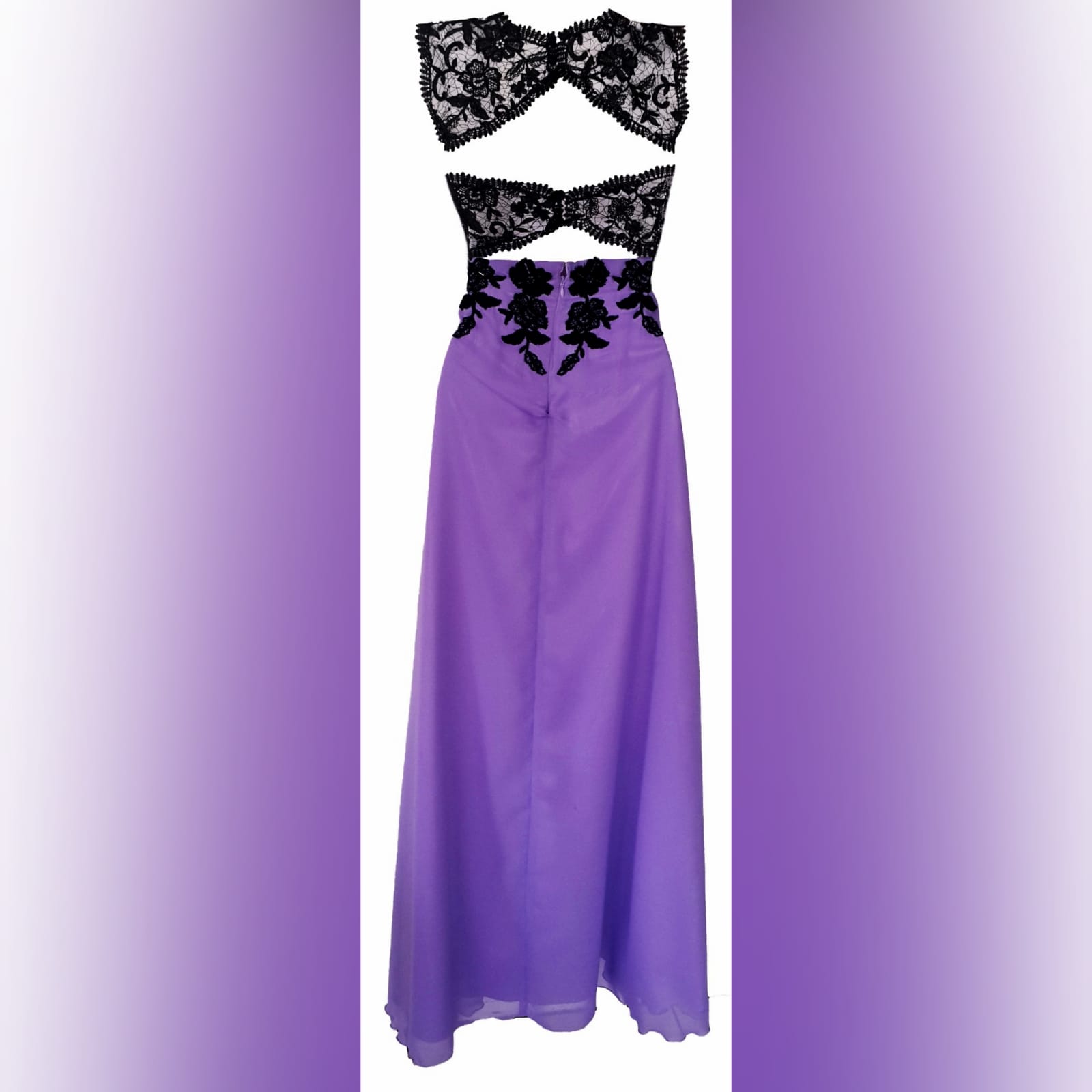Lilac and black lace prom dress 5 lilac and black lace prom dress. Bodice with applique lace and a sweetheart neckline. With sheer lace shoulder straps and sheer lace on the back. Long and flowy prom dress.