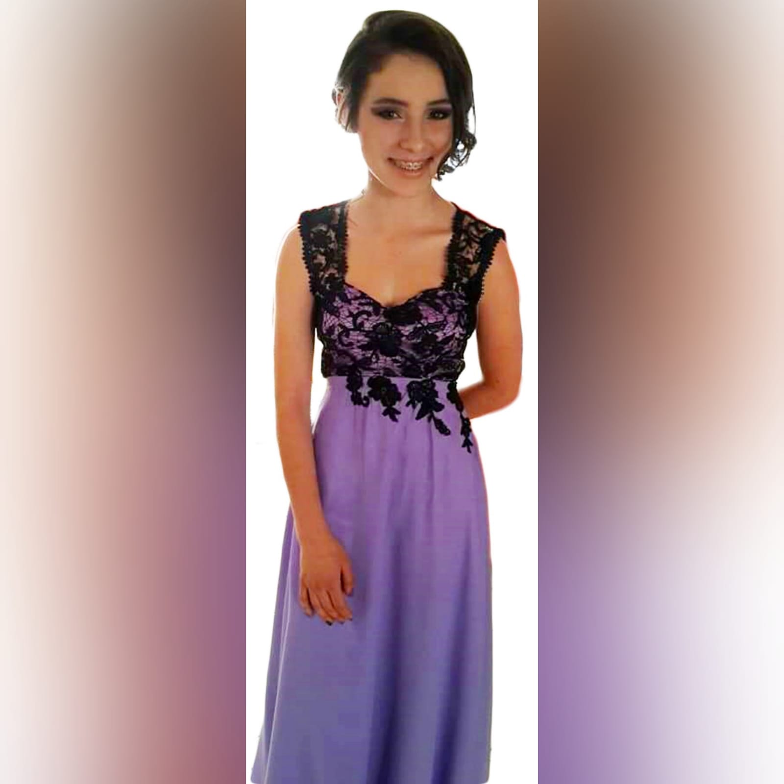 Lilac and black lace prom dress 6 lilac and black lace prom dress. Bodice with applique lace and a sweetheart neckline. With sheer lace shoulder straps and sheer lace on the back. Long and flowy prom dress.