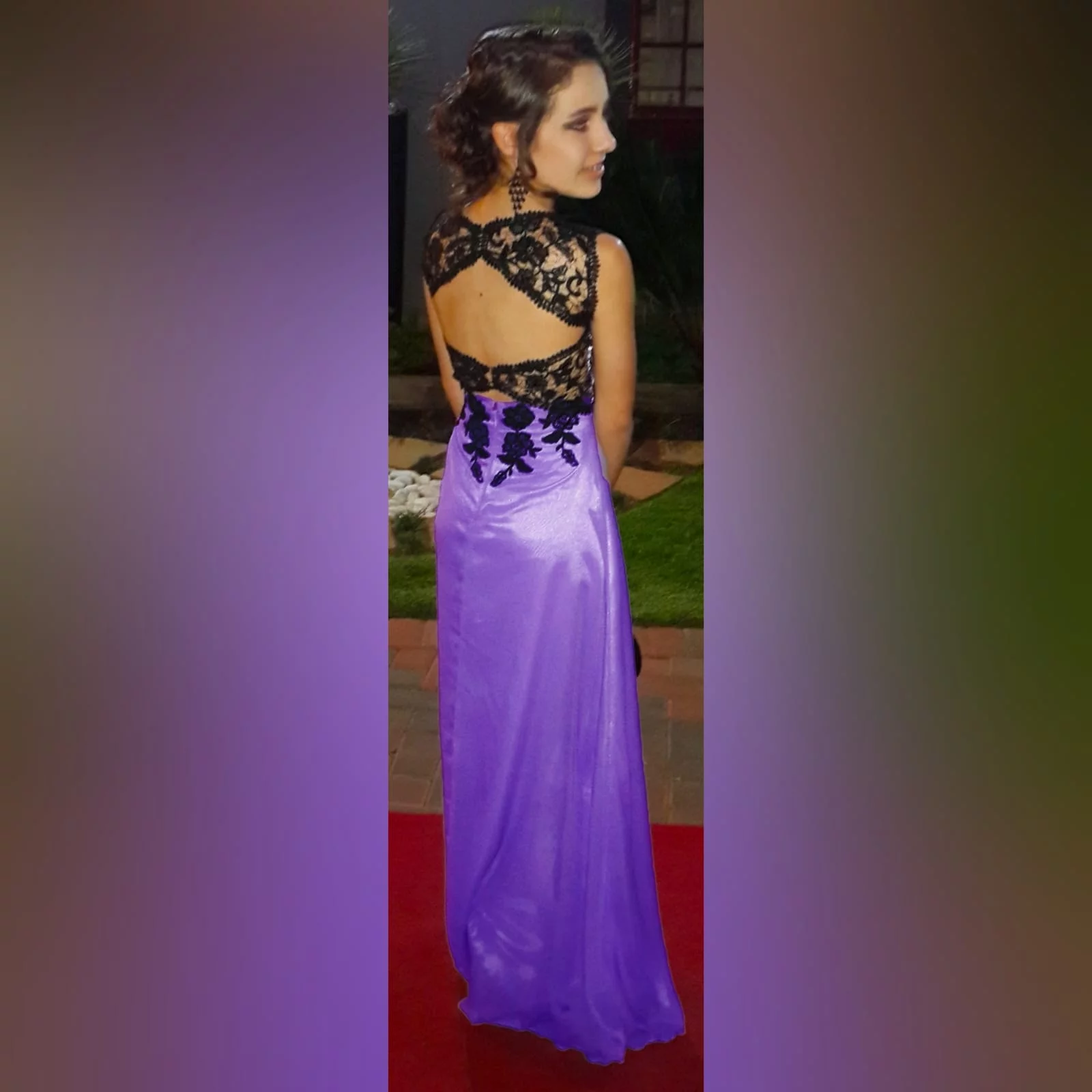 Lilac and black lace matric farewell dress 7 lilac and black lace matric farewell dress. Bodice with applique lace and a sweetheart neckline. With sheer lace shoulder straps and sheer lace on the back. Long and flowy matric farewell dress.
