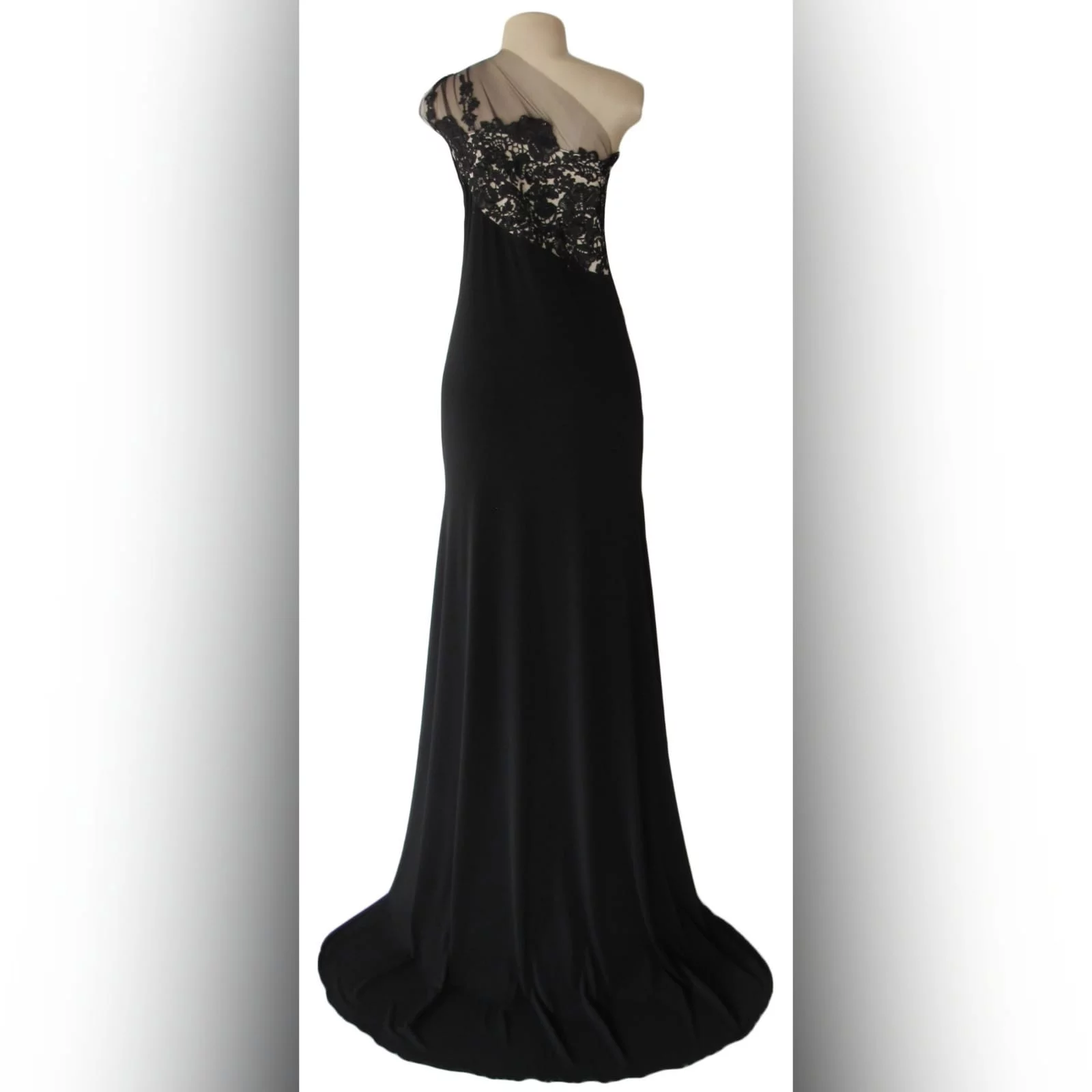 Long black evening dress with lace 2 single shoulder, lace bodice long black evening dress. With a slit and a train