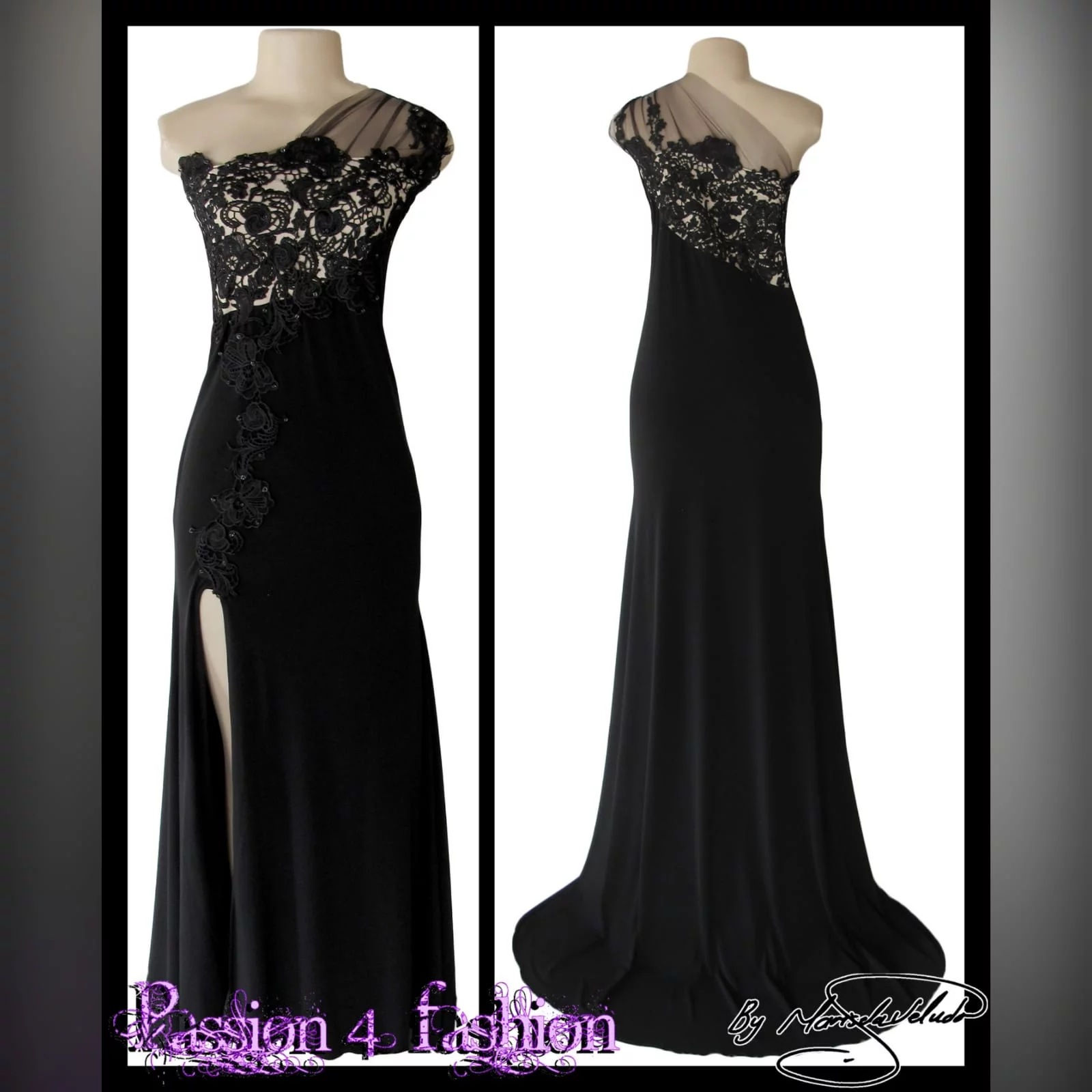 Long black evening dress with lace 3 single shoulder, lace bodice long black evening dress. With a slit and a train