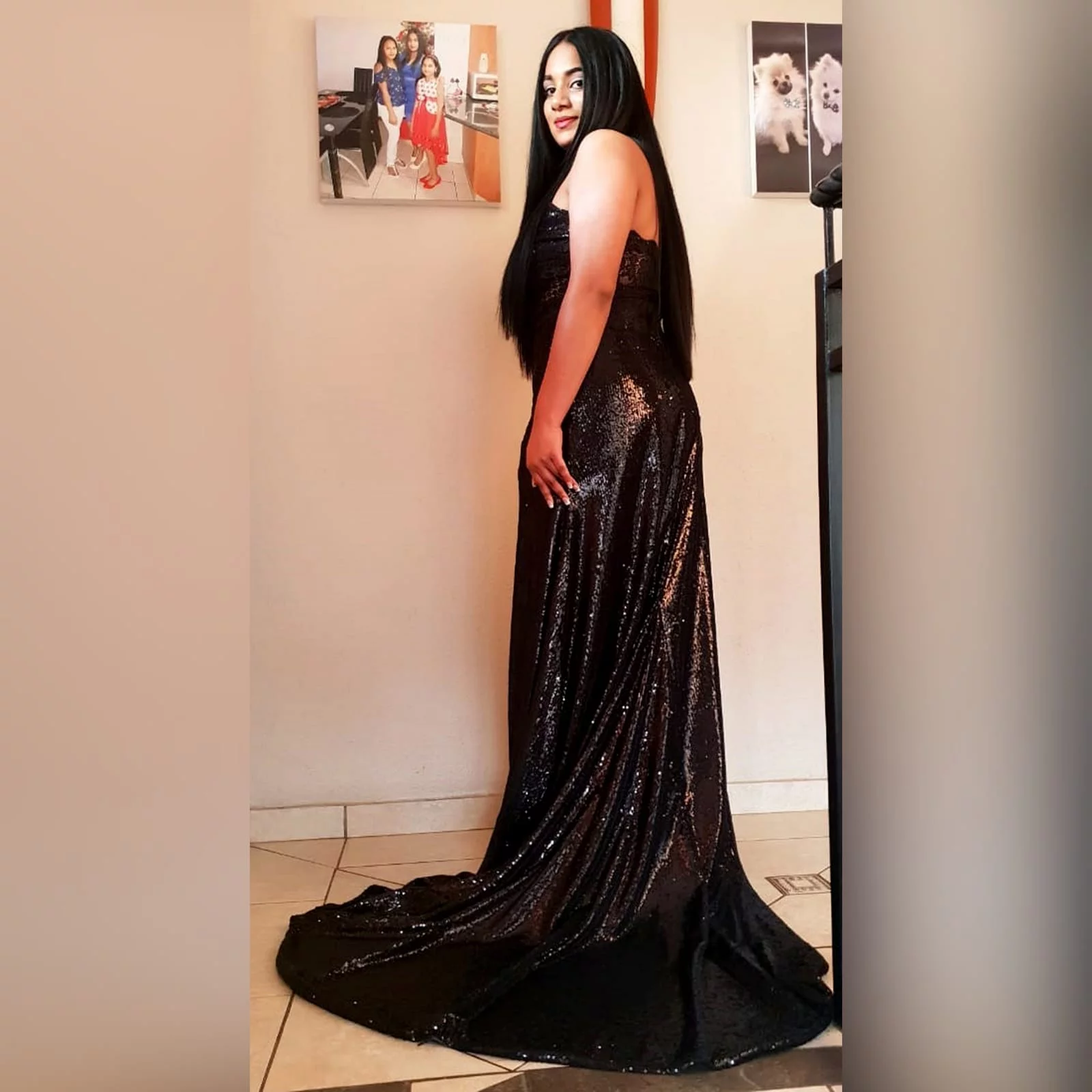 Long black sequins boob tube matric farewell dress 2 long black sequins boob tube matric farewell dress with a sheer lace back and side tummy. High slit and a train.