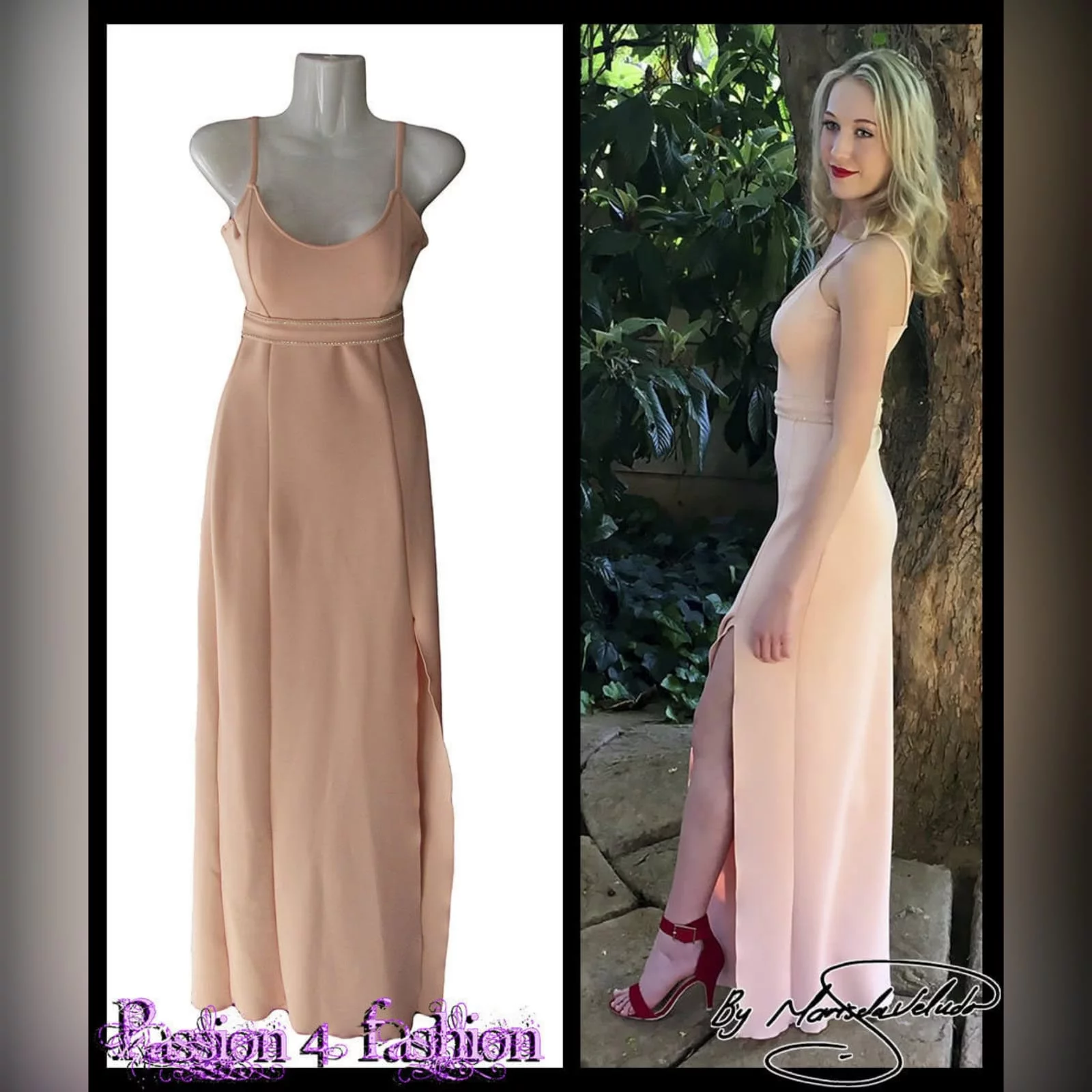 Long fitted peachy nude smart casual panel dress 4 long fitted peachy nude smart casual panel dress with a slit, shoulder straps and a removable waist belt detailed with diamante.